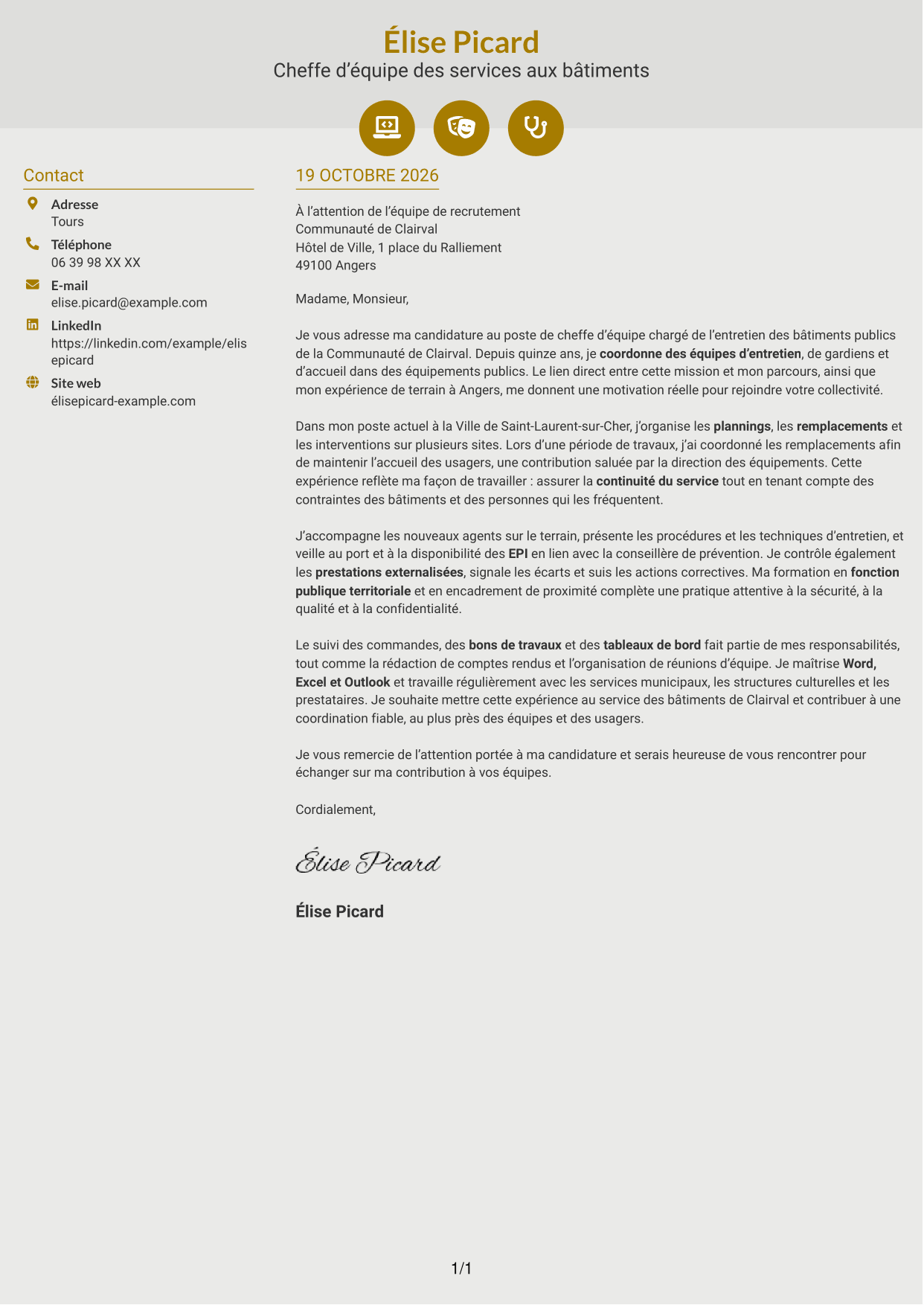 Lettre de motivation Dynamique (format à deux colonnes avec icônes) : Chef d’équipe - Entretien des bâtiments publics, page 1