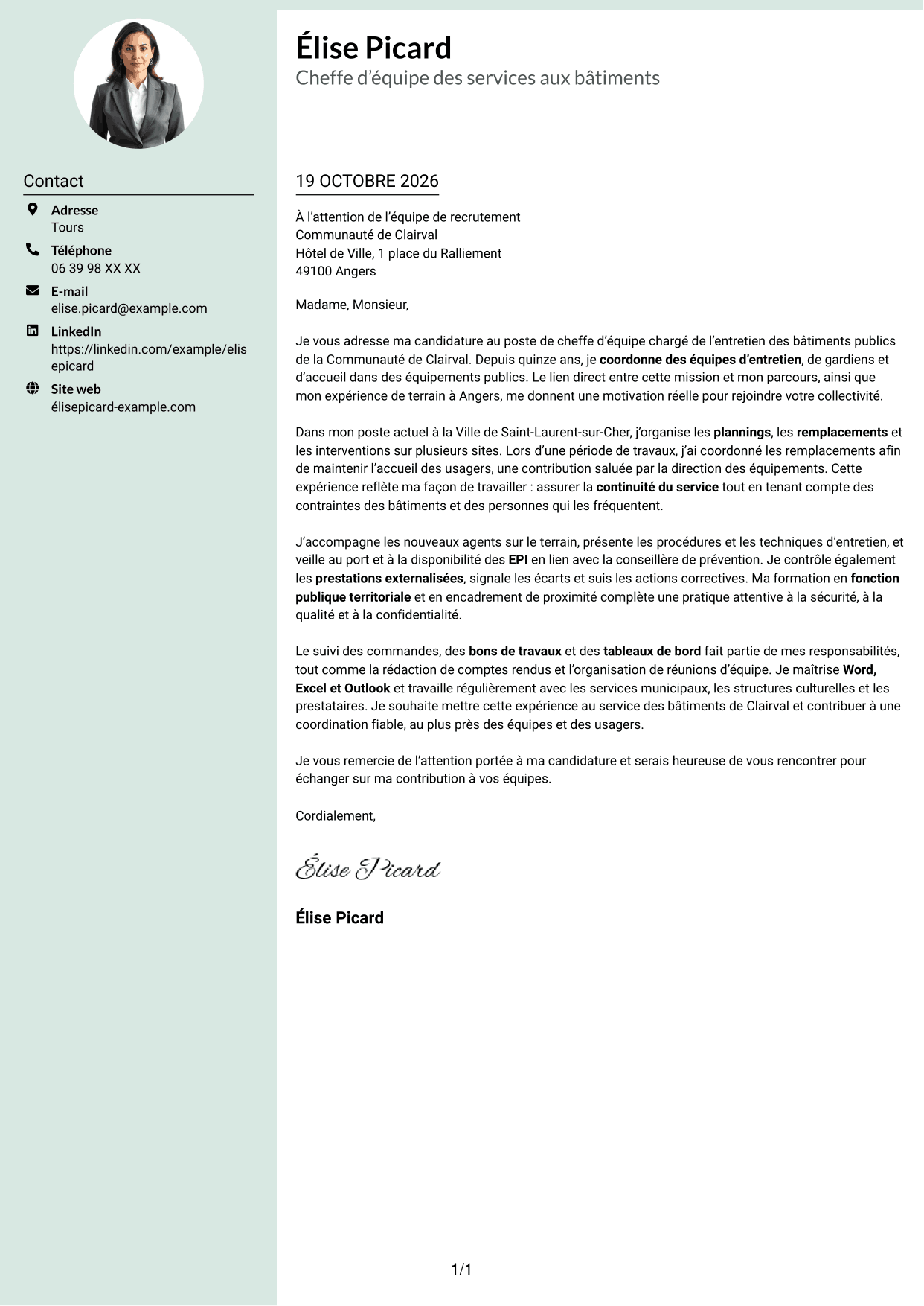 Lettre de motivation Cadre (format à colonne latérale douce avec photo arrondie) : Chef d’équipe - Entretien des bâtiments publics, page 1