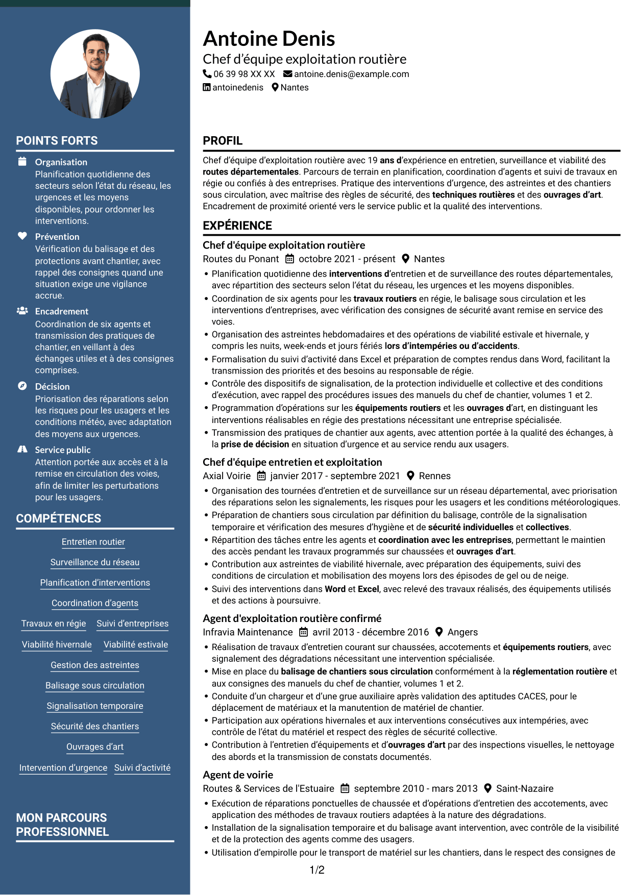 CV Élégant (format à colonne latérale colorée avec photo) : Chef d'équipe exploitation - Entretien routier, page 1