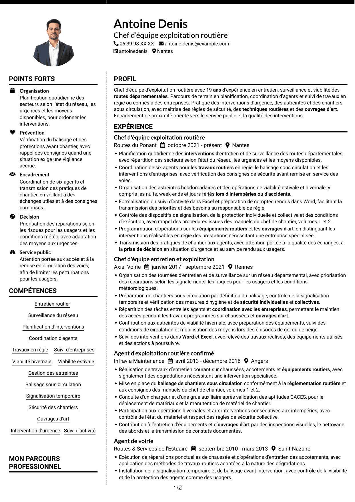 CV Moderne (format à deux colonnes avec photo à gauche et séparateur) : Chef d'équipe exploitation - Entretien routier, page 1