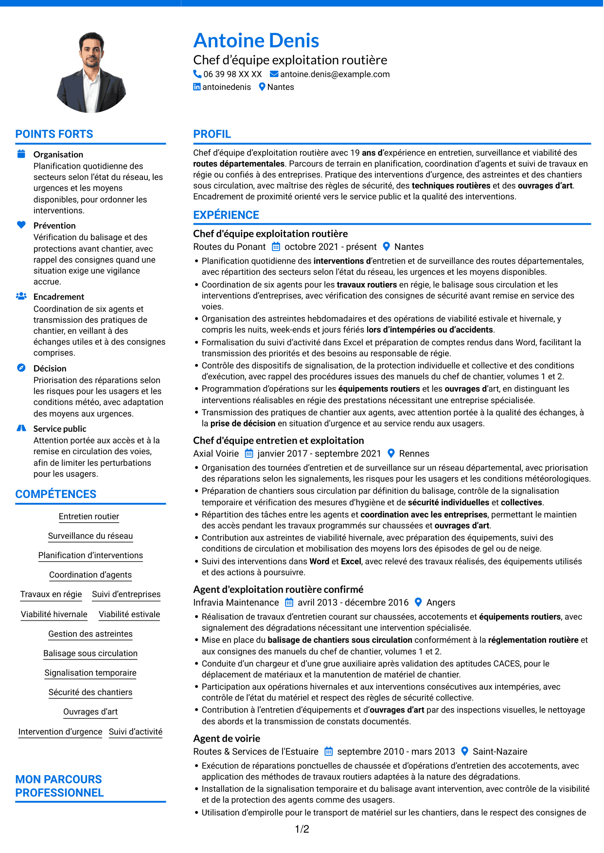 CV Audacieux (format à deux colonnes avec accents colorés et photo) : Chef d'équipe exploitation - Entretien routier, page 1