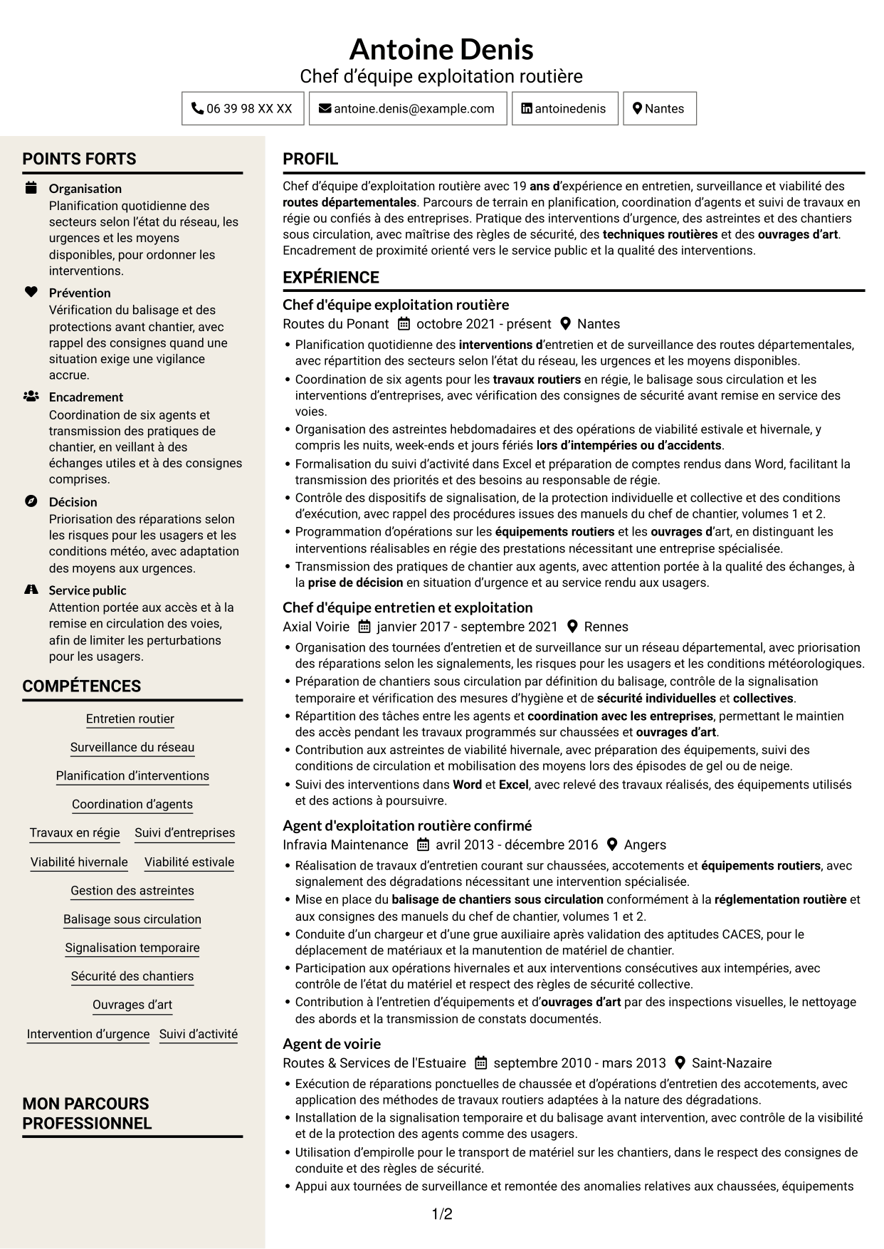 CV Fonceur (format à deux colonnes avec en-tête centré sans photo) : Chef d'équipe exploitation - Entretien routier, page 1