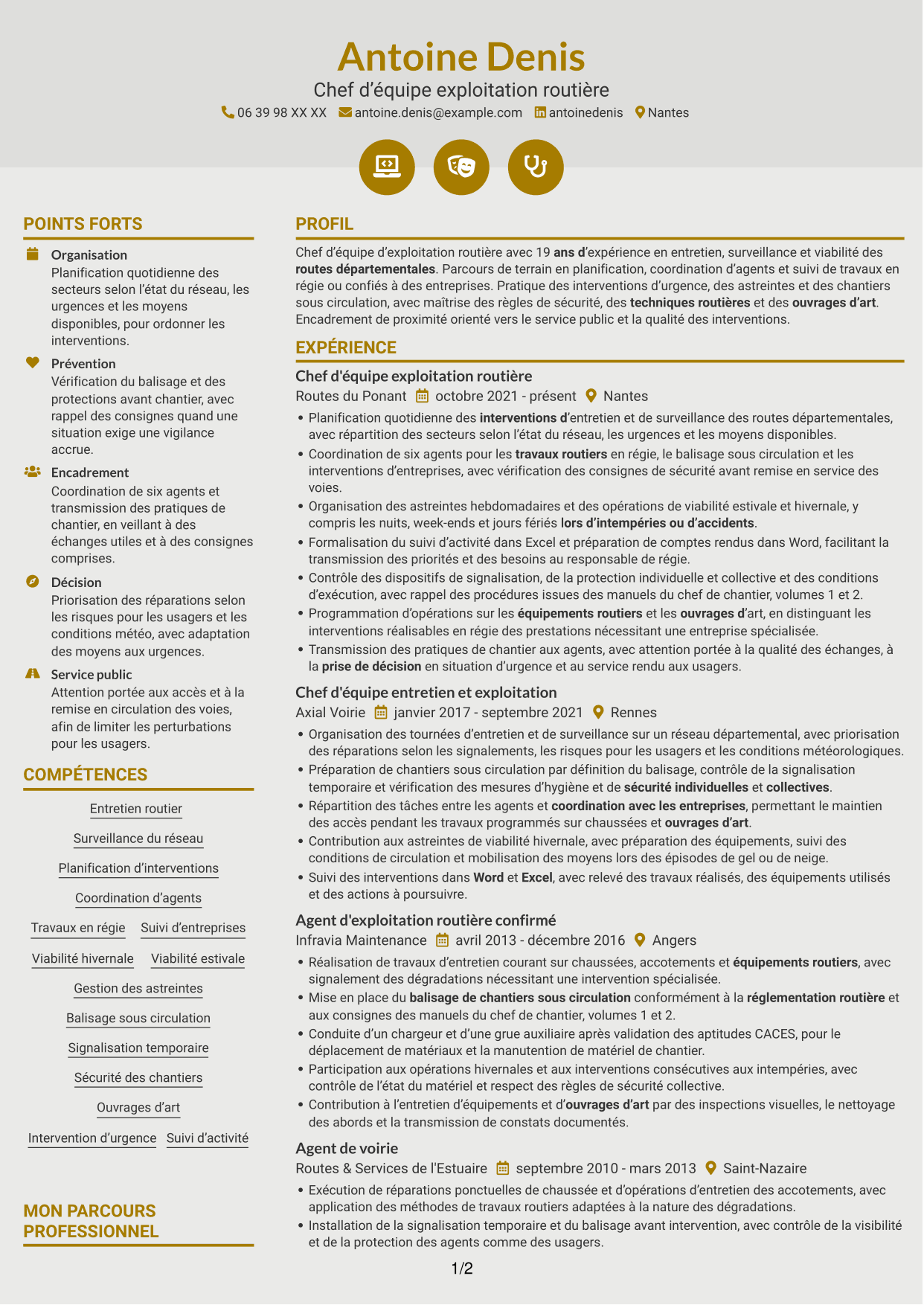 CV Dynamique (format à deux colonnes avec icônes) : Chef d'équipe exploitation - Entretien routier, page 1