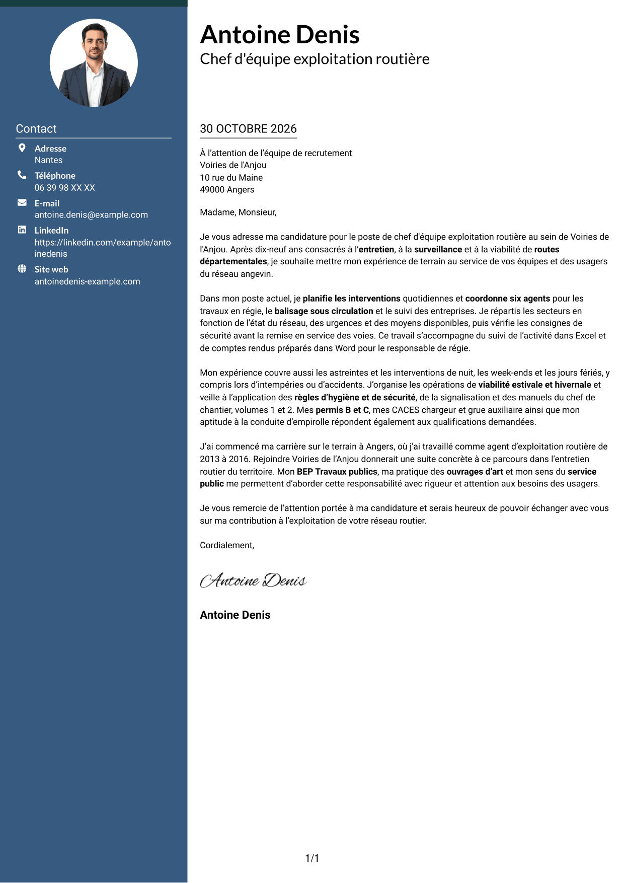 Lettre de motivation Élégant (format à colonne latérale colorée avec photo) : Chef d'équipe exploitation - Entretien routier, page 1
