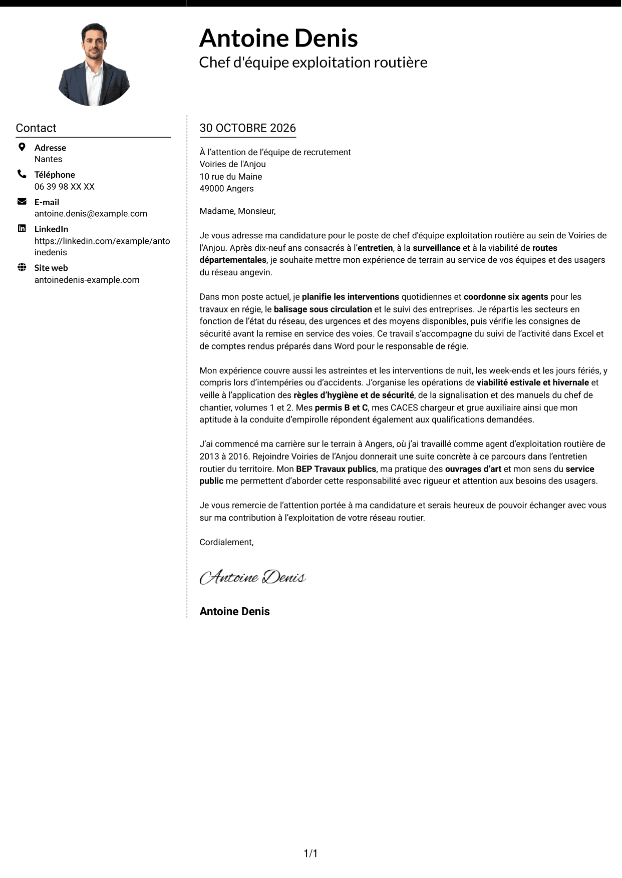 Lettre de motivation Moderne (format à deux colonnes avec photo à gauche et séparateur) : Chef d'équipe exploitation - Entretien routier, page 1