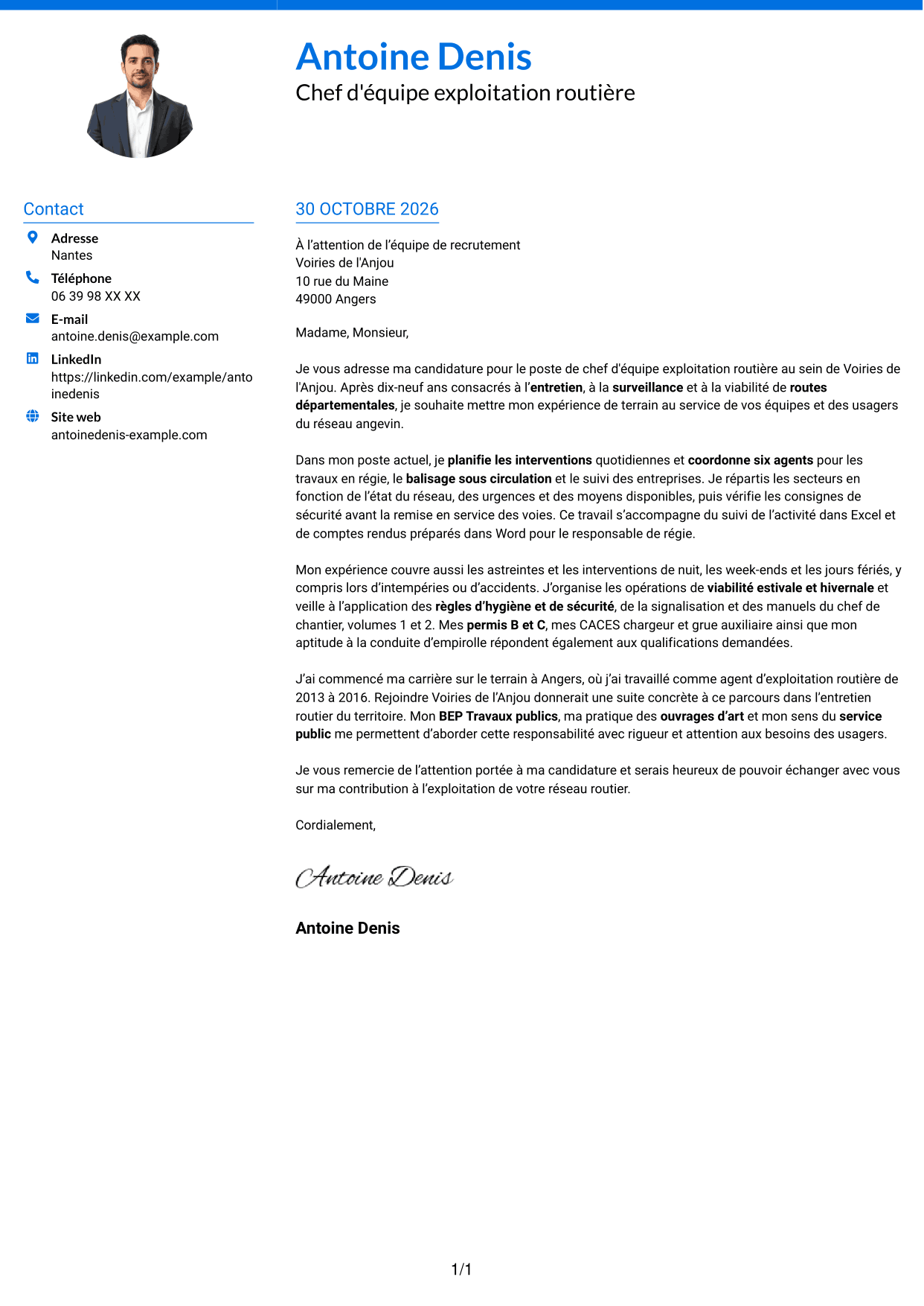 Lettre de motivation Audacieux (format à deux colonnes avec accents colorés et photo) : Chef d'équipe exploitation - Entretien routier, page 1
