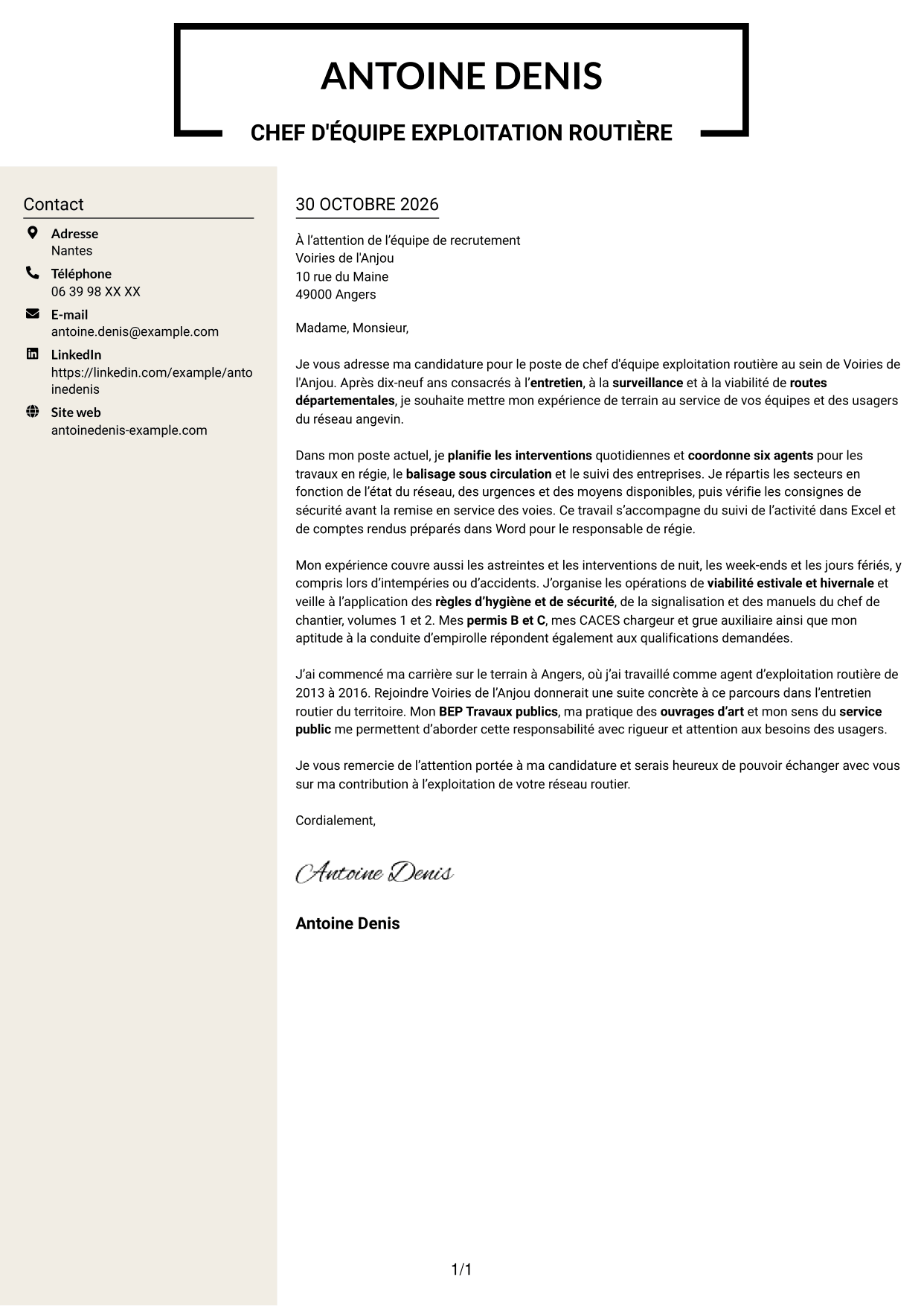 Lettre de motivation Fonceur (format à deux colonnes avec en-tête centré sans photo) : Chef d'équipe exploitation - Entretien routier, page 1