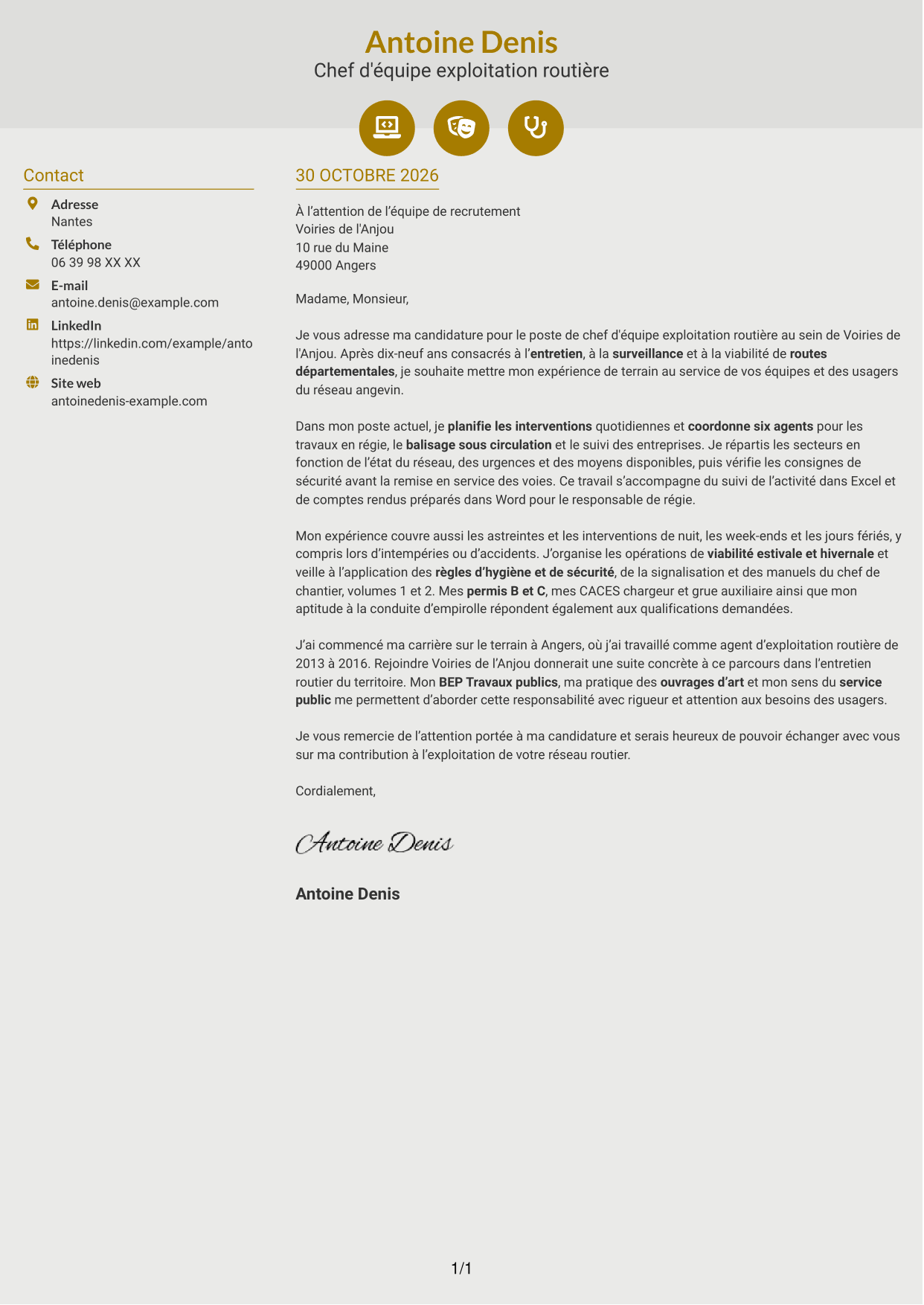 Lettre de motivation Dynamique (format à deux colonnes avec icônes) : Chef d'équipe exploitation - Entretien routier, page 1
