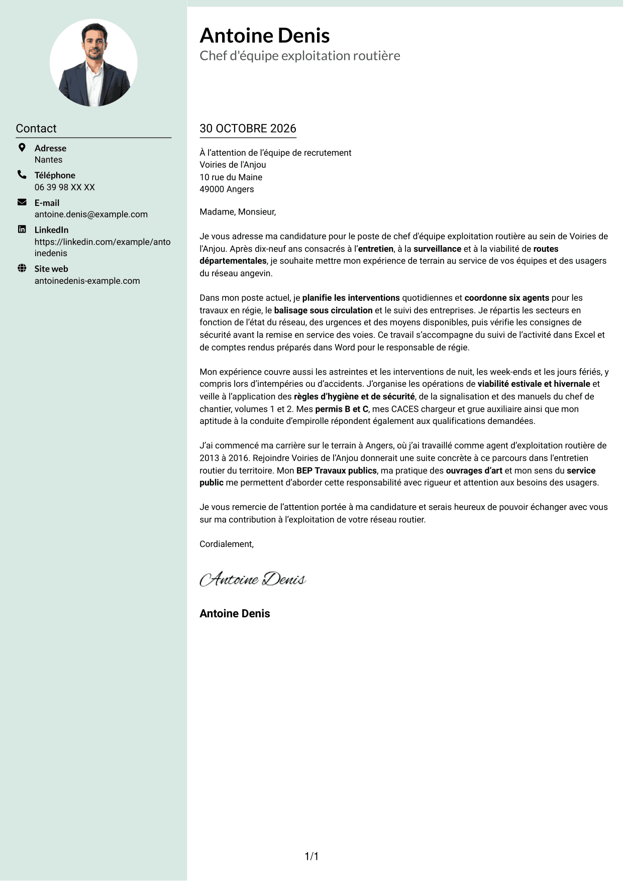 Lettre de motivation Cadre (format à colonne latérale douce avec photo arrondie) : Chef d'équipe exploitation - Entretien routier, page 1