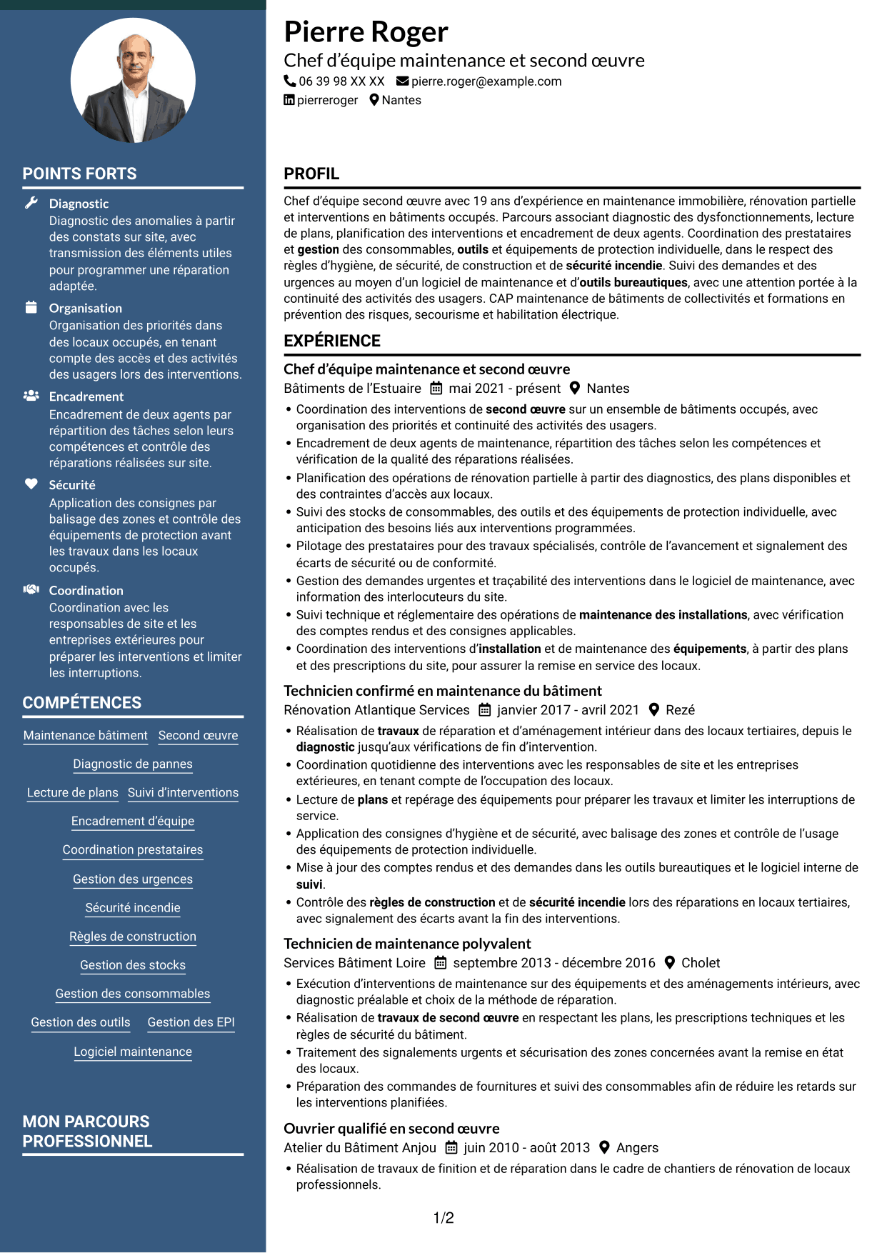 CV Élégant (format à colonne latérale colorée avec photo) : Chef d'équipe second œuvre, page 1