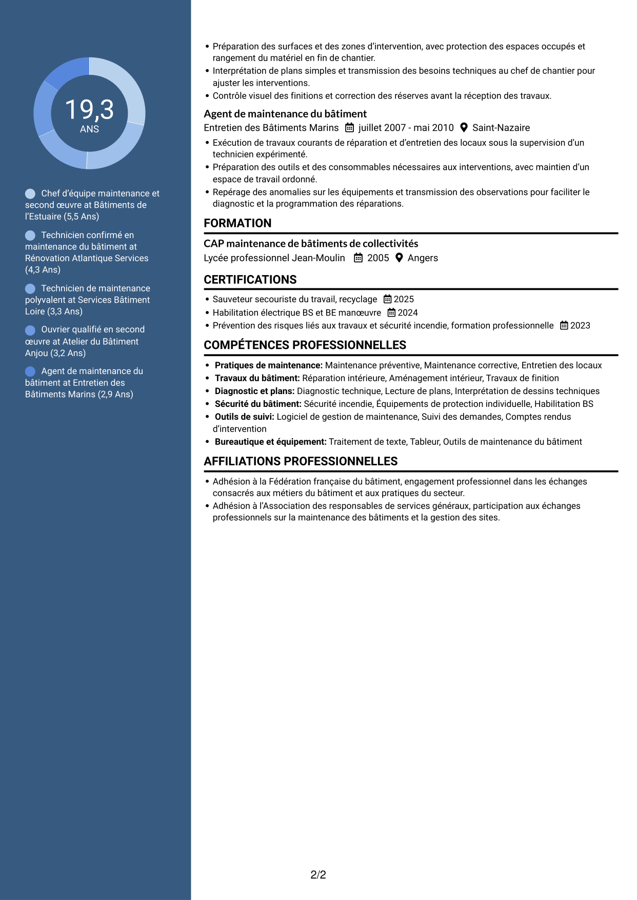 CV Élégant (format à colonne latérale colorée avec photo) : Chef d'équipe second œuvre, page 2