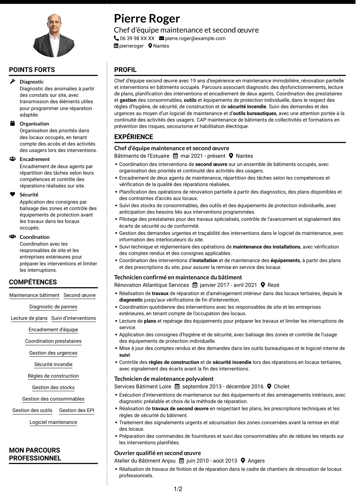 CV Moderne (format à deux colonnes avec photo à gauche et séparateur) : Chef d'équipe second œuvre, page 1