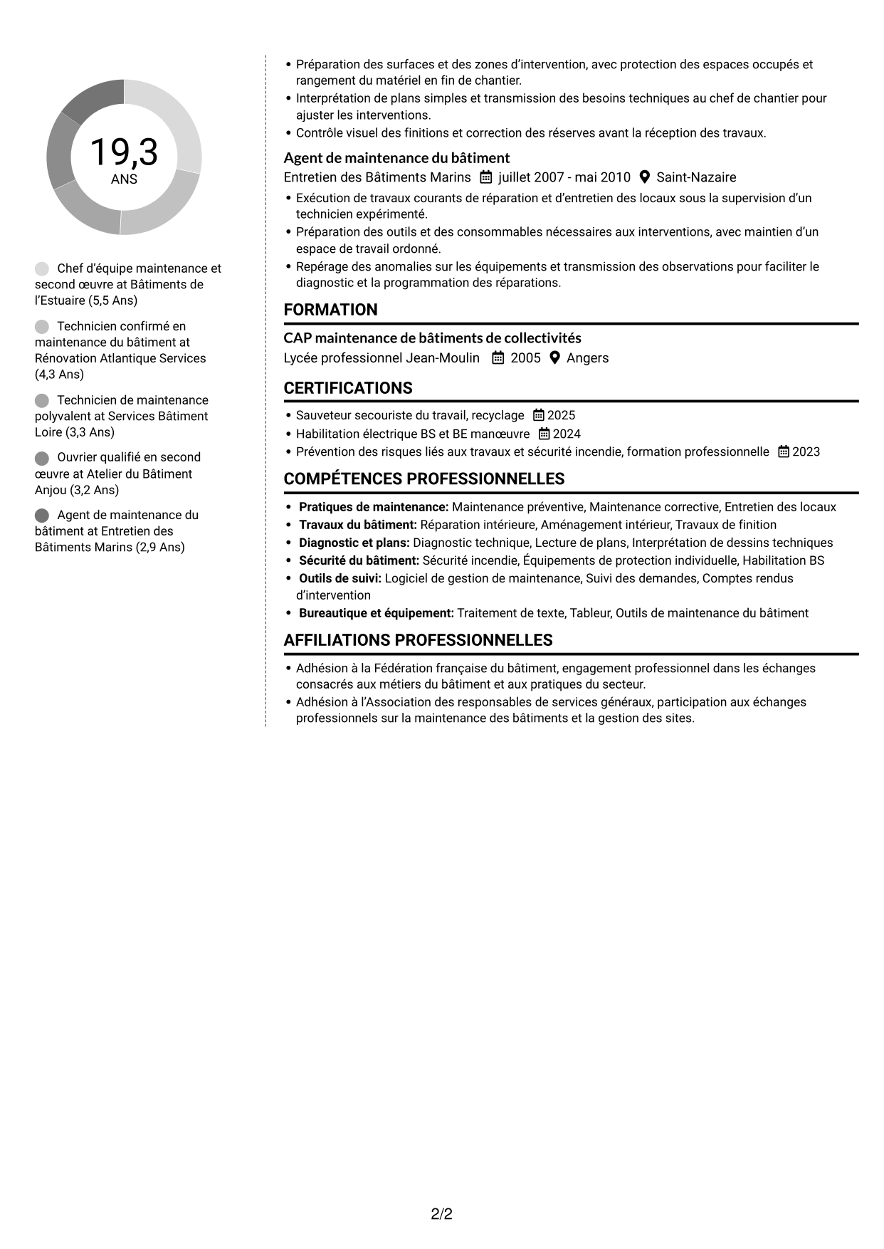 CV Moderne (format à deux colonnes avec photo à gauche et séparateur) : Chef d'équipe second œuvre, page 2