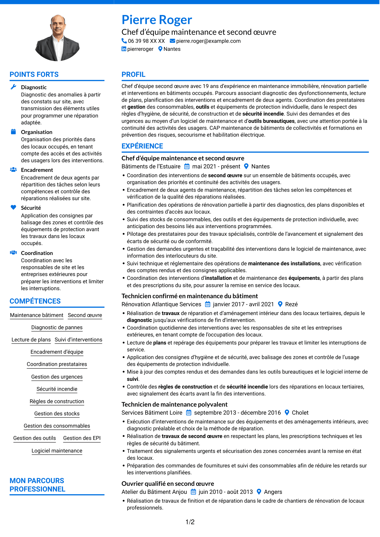 CV Audacieux (format à deux colonnes avec accents colorés et photo) : Chef d'équipe second œuvre, page 1