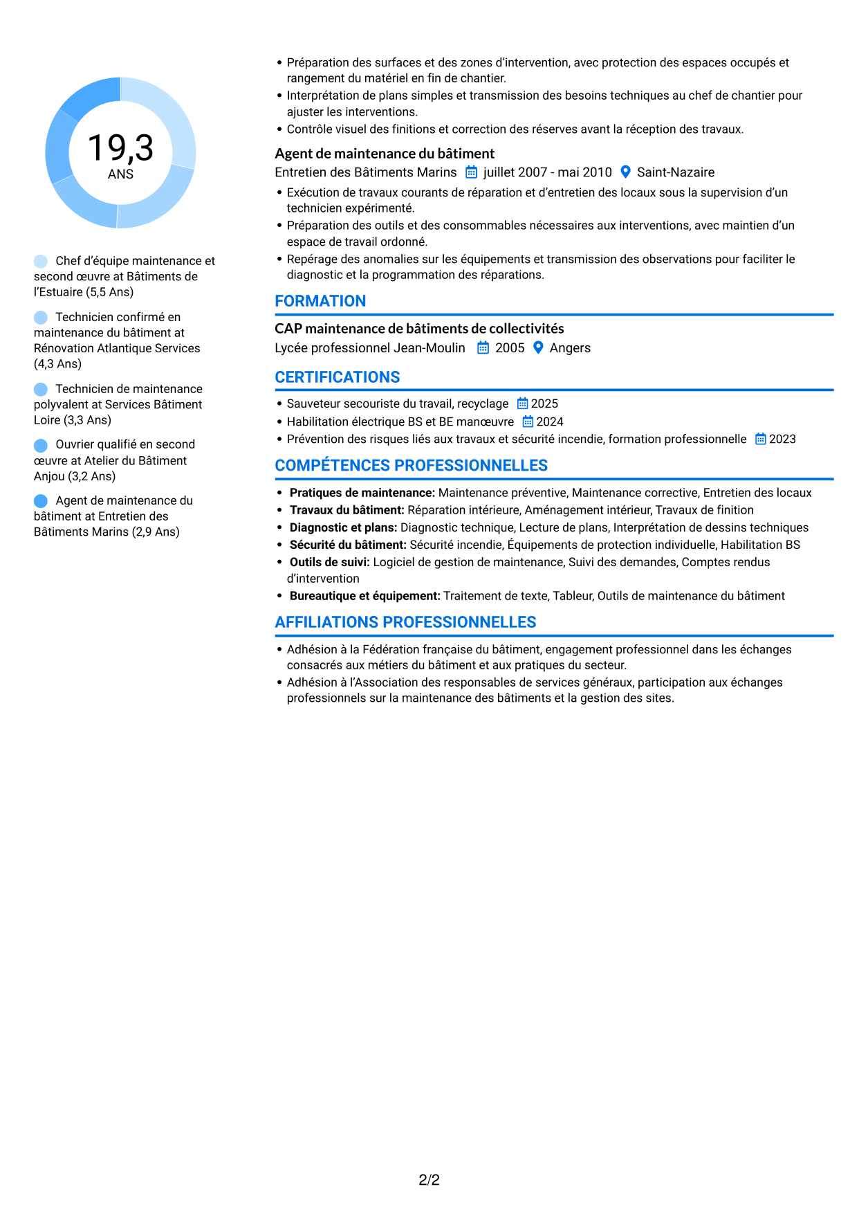CV Audacieux (format à deux colonnes avec accents colorés et photo) : Chef d'équipe second œuvre, page 2