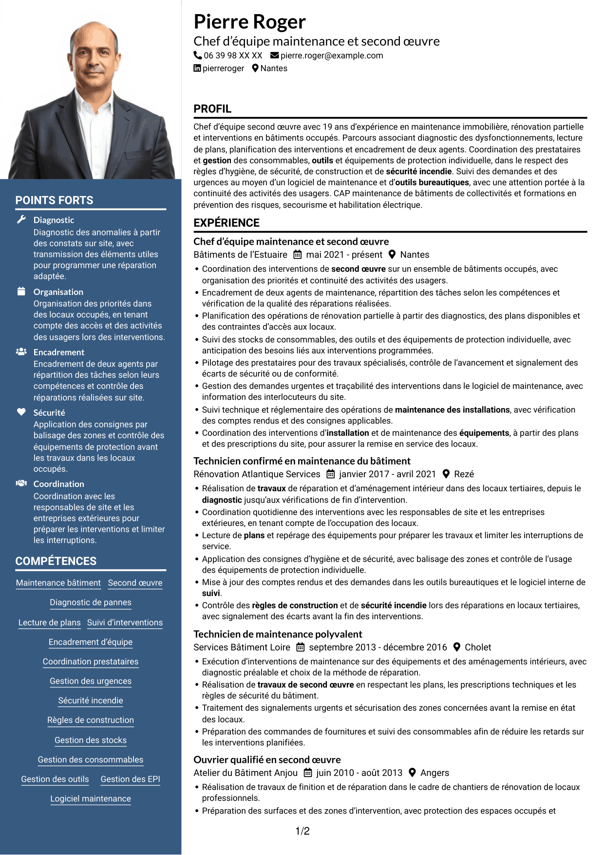 CV Signature (format à colonne latérale colorée avec grande photo) : Chef d'équipe second œuvre, page 1