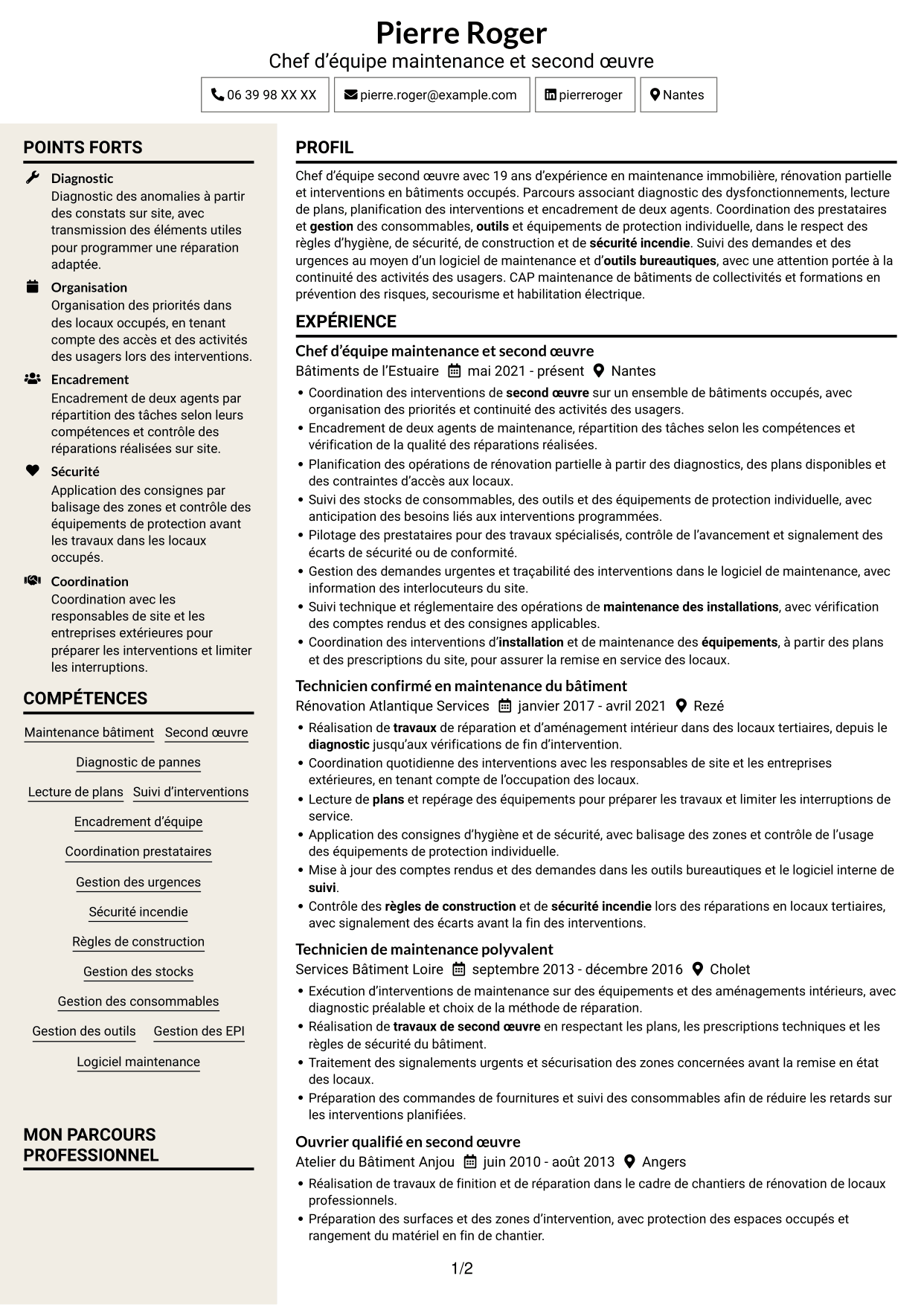 CV Fonceur (format à deux colonnes avec en-tête centré sans photo) : Chef d'équipe second œuvre, page 1