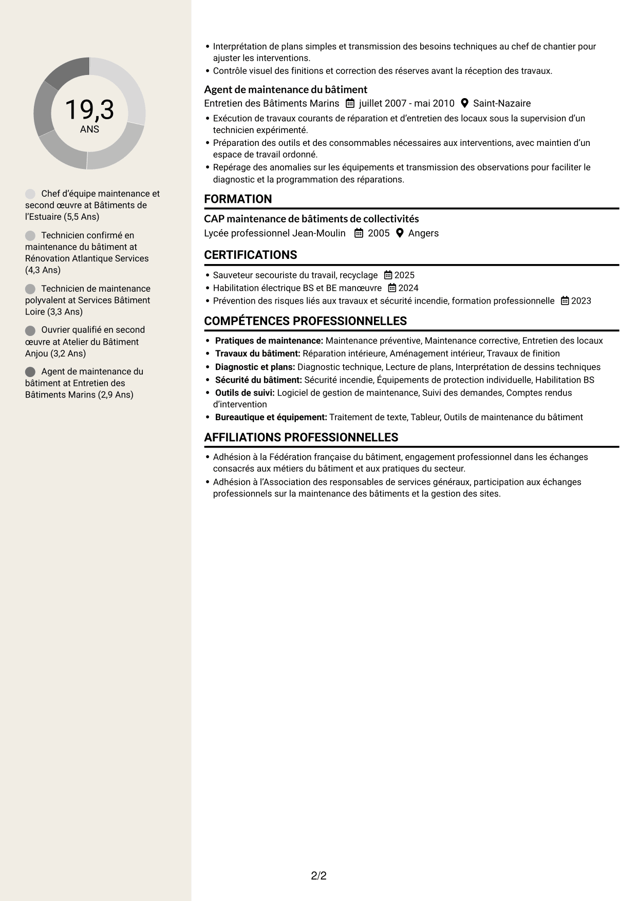 CV Fonceur (format à deux colonnes avec en-tête centré sans photo) : Chef d'équipe second œuvre, page 2