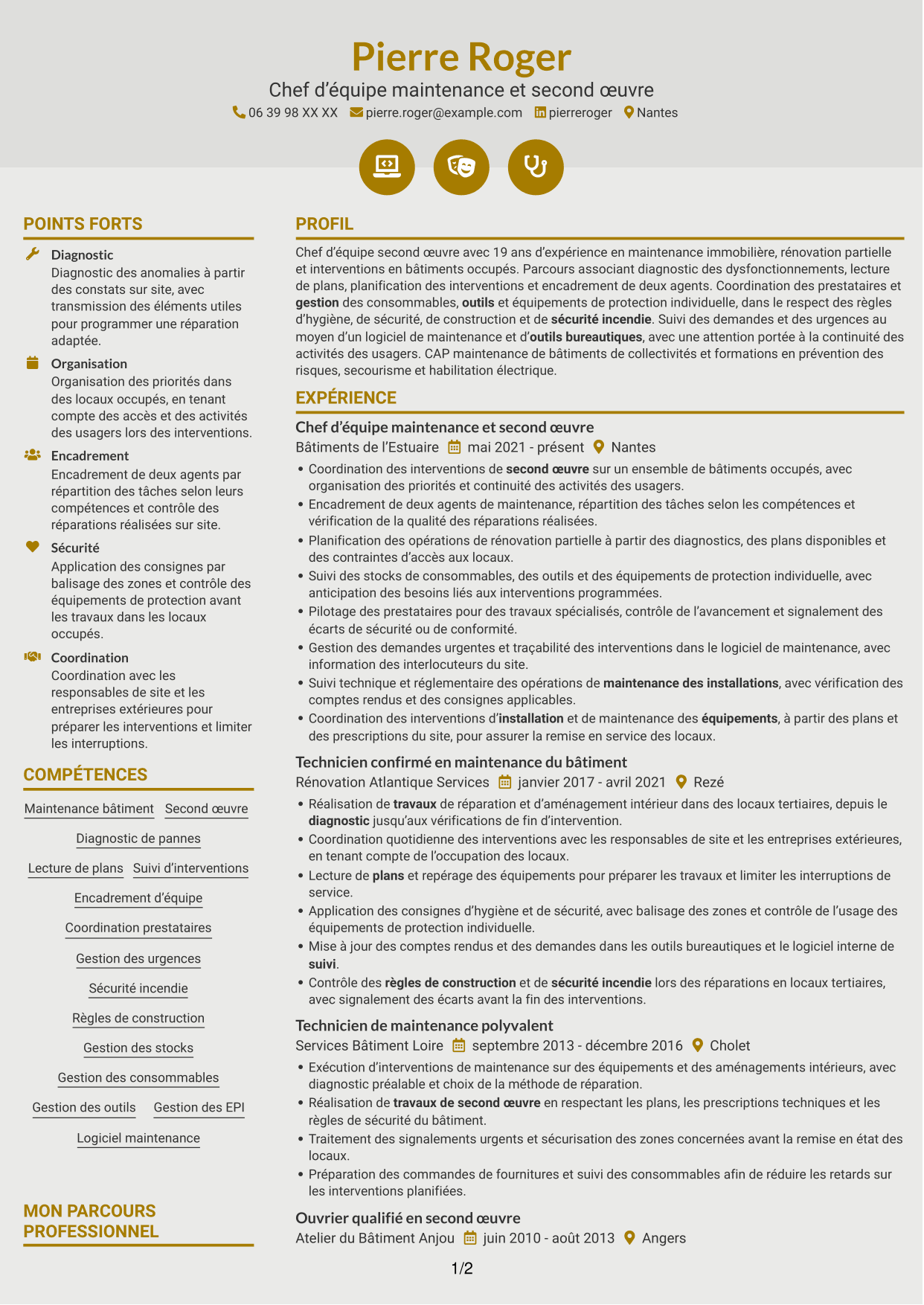 CV Dynamique (format à deux colonnes avec icônes) : Chef d'équipe second œuvre, page 1