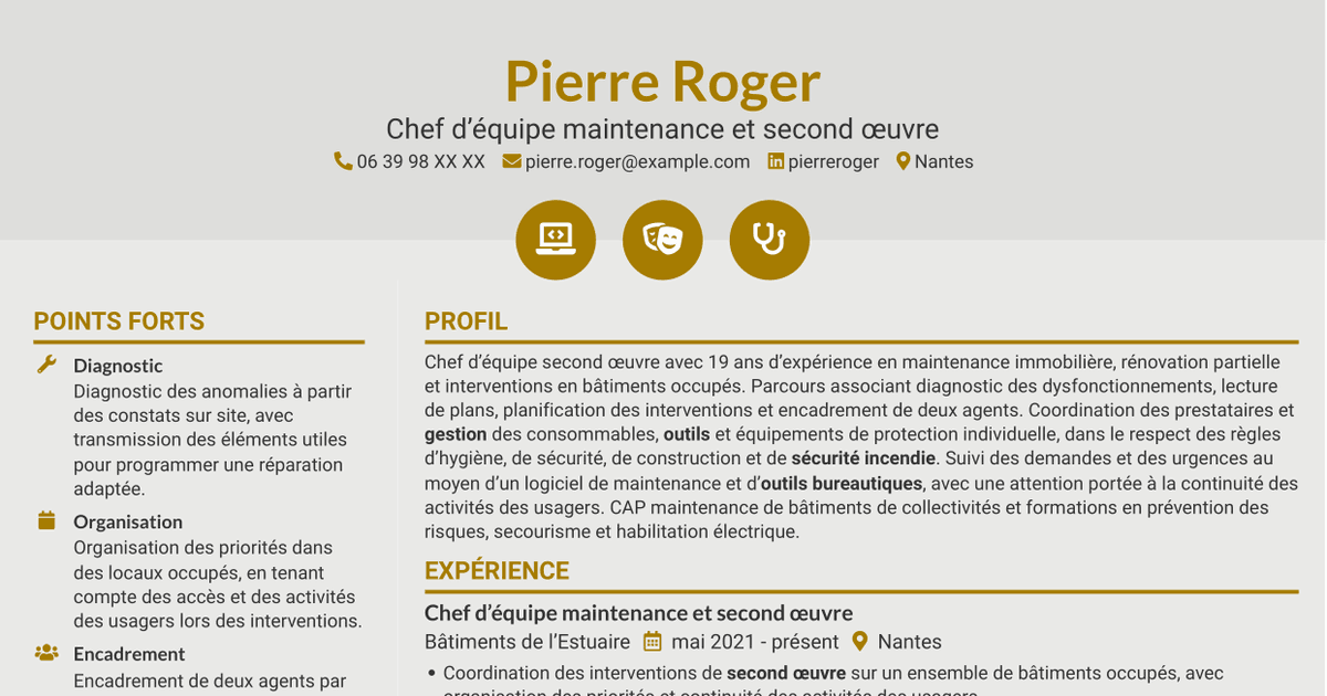 7 modèles de CV pour Chef d'équipe second œuvre, avec exemples