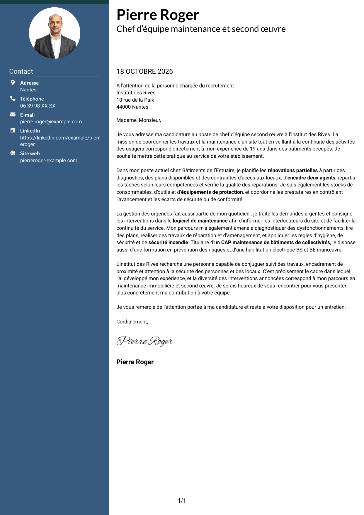Lettre de motivation Élégant (format à colonne latérale colorée avec photo) : Chef d'équipe second œuvre, page 1