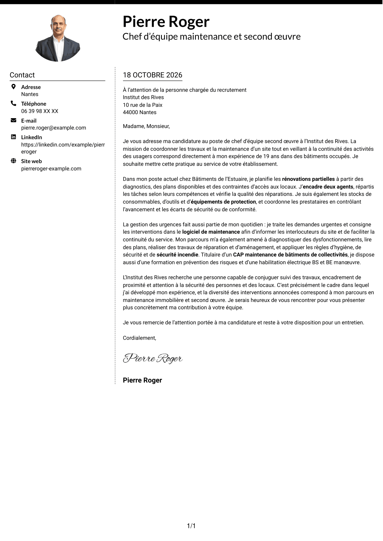 Lettre de motivation Moderne (format à deux colonnes avec photo à gauche et séparateur) : Chef d'équipe second œuvre, page 1