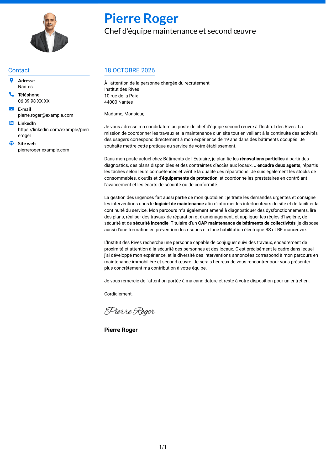 Lettre de motivation Audacieux (format à deux colonnes avec accents colorés et photo) : Chef d'équipe second œuvre, page 1