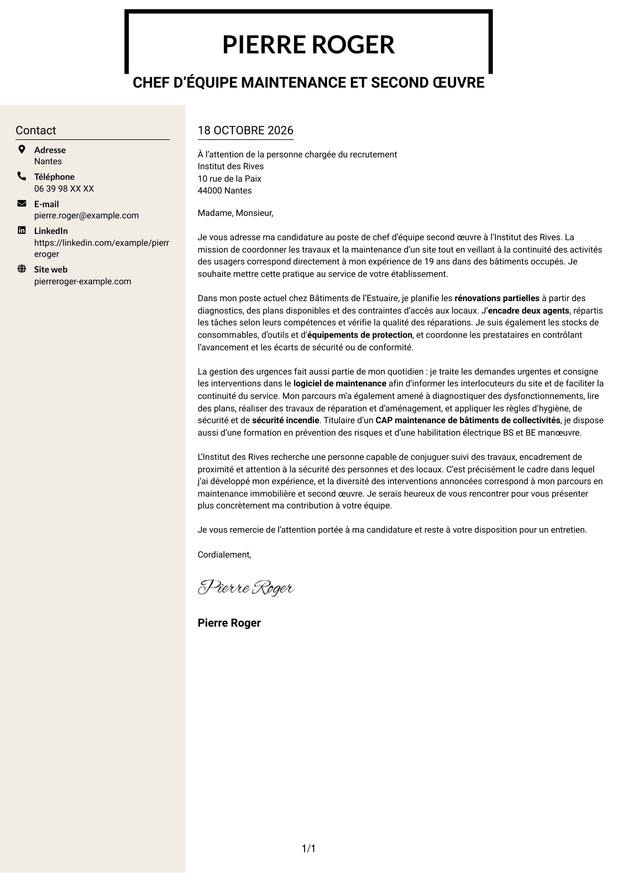 Lettre de motivation Fonceur (format à deux colonnes avec en-tête centré sans photo) : Chef d'équipe second œuvre, page 1