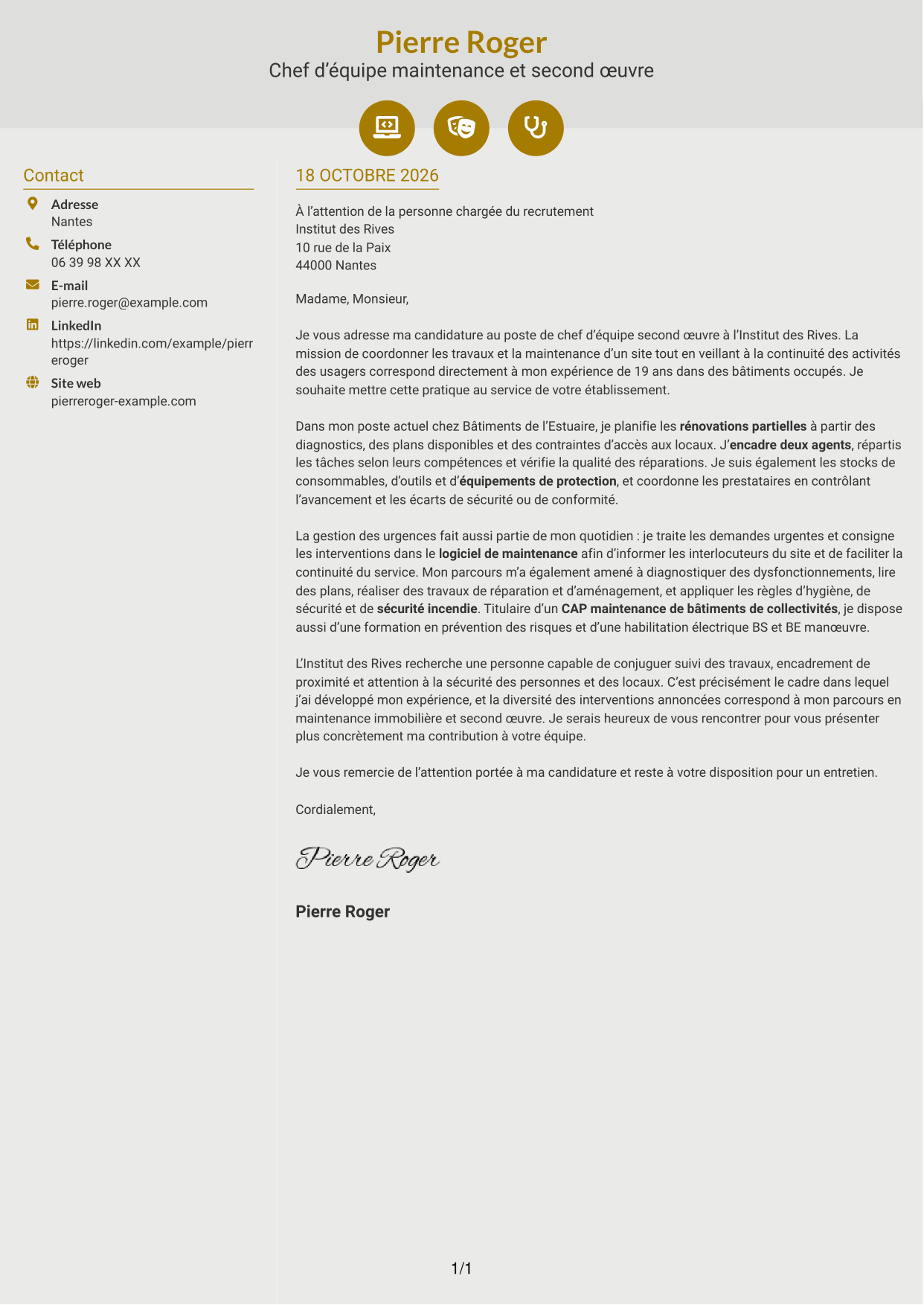 Lettre de motivation Dynamique (format à deux colonnes avec icônes) : Chef d'équipe second œuvre, page 1
