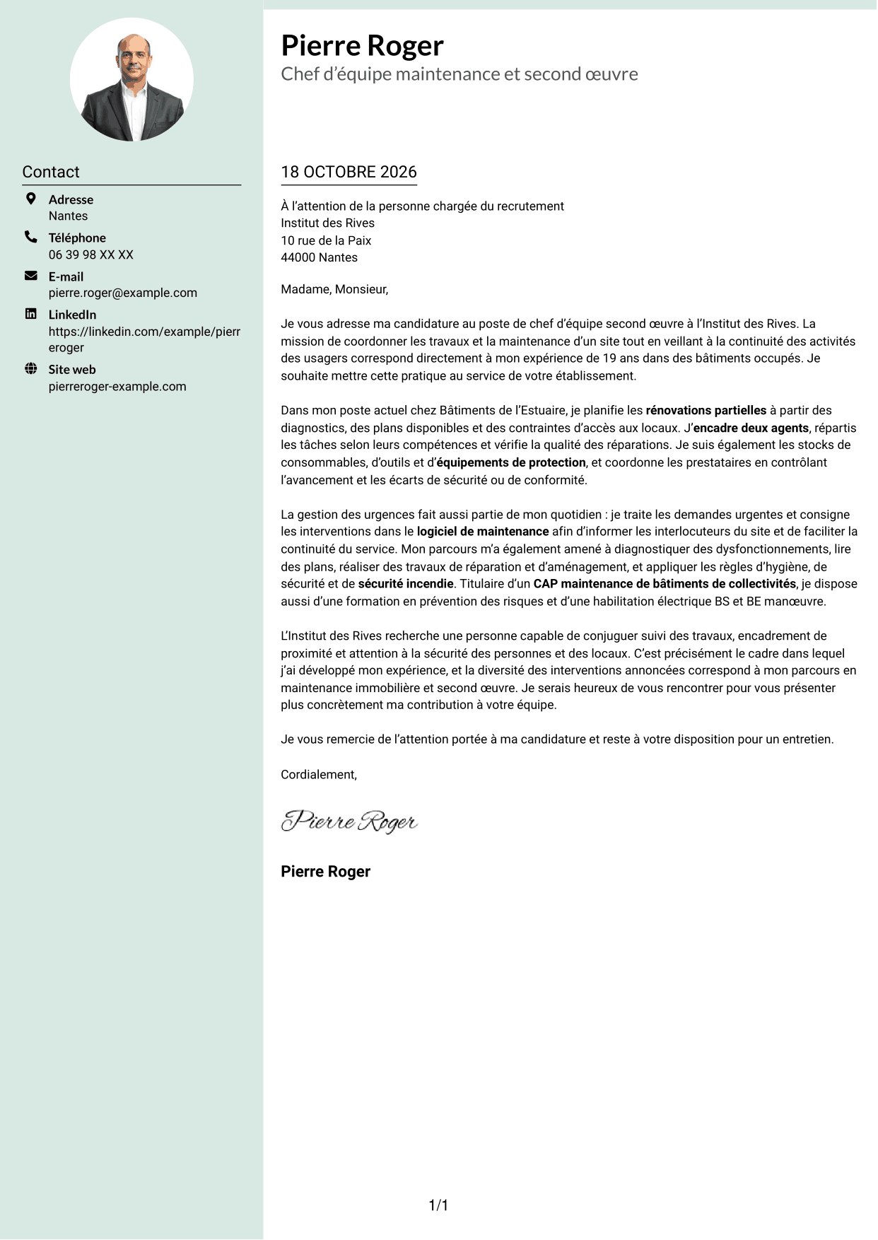 Lettre de motivation Cadre (format à colonne latérale douce avec photo arrondie) : Chef d'équipe second œuvre, page 1