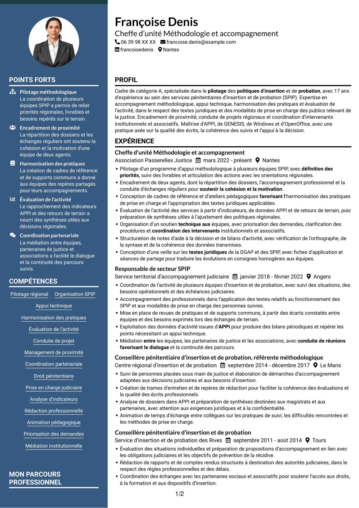 CV Élégant (format à colonne latérale colorée avec photo) : Chef d’unité Méthodologie et accompagnement - SPIP, page 1