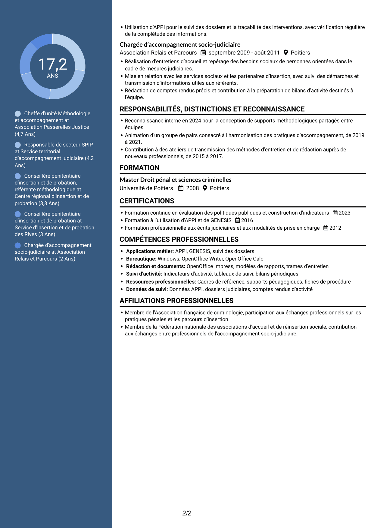 CV Élégant (format à colonne latérale colorée avec photo) : Chef d’unité Méthodologie et accompagnement - SPIP, page 2