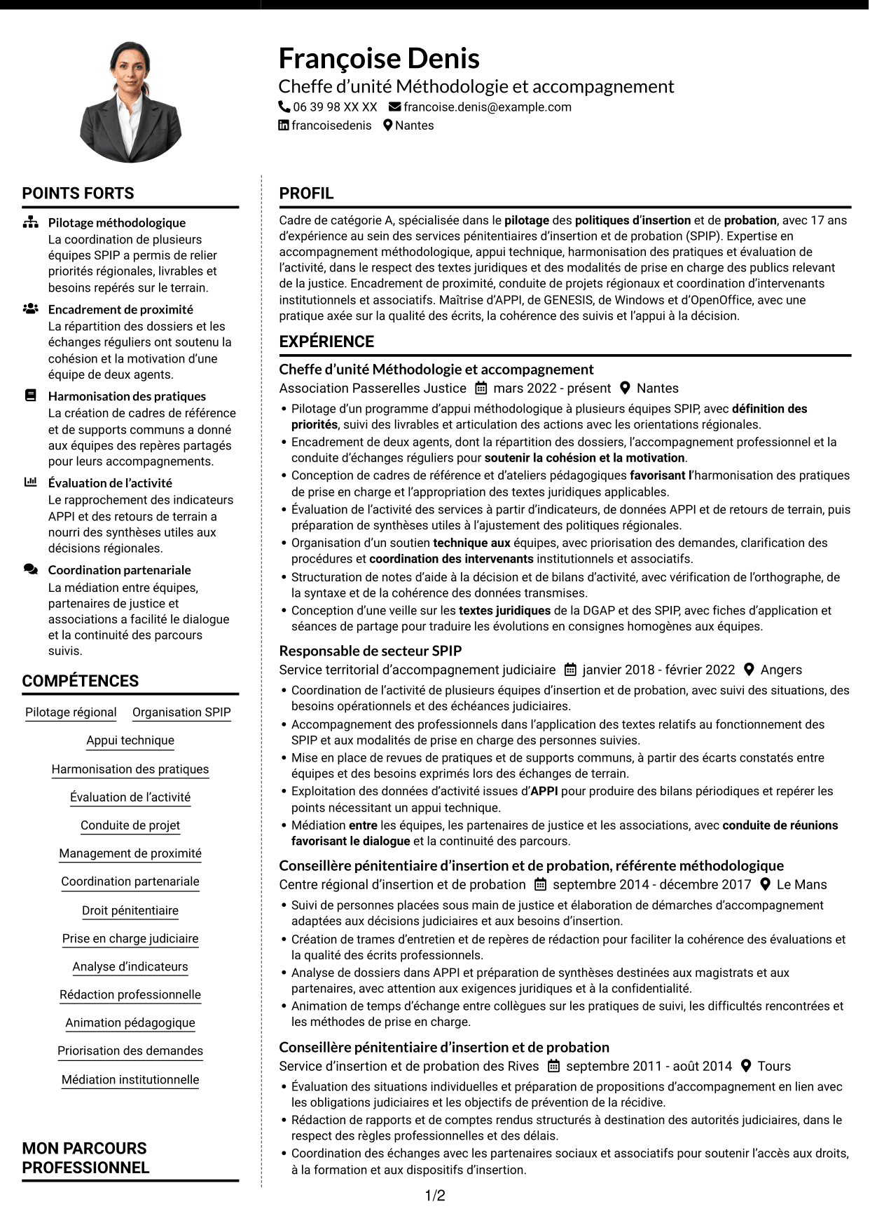 CV Moderne (format à deux colonnes avec photo à gauche et séparateur) : Chef d’unité Méthodologie et accompagnement - SPIP, page 1