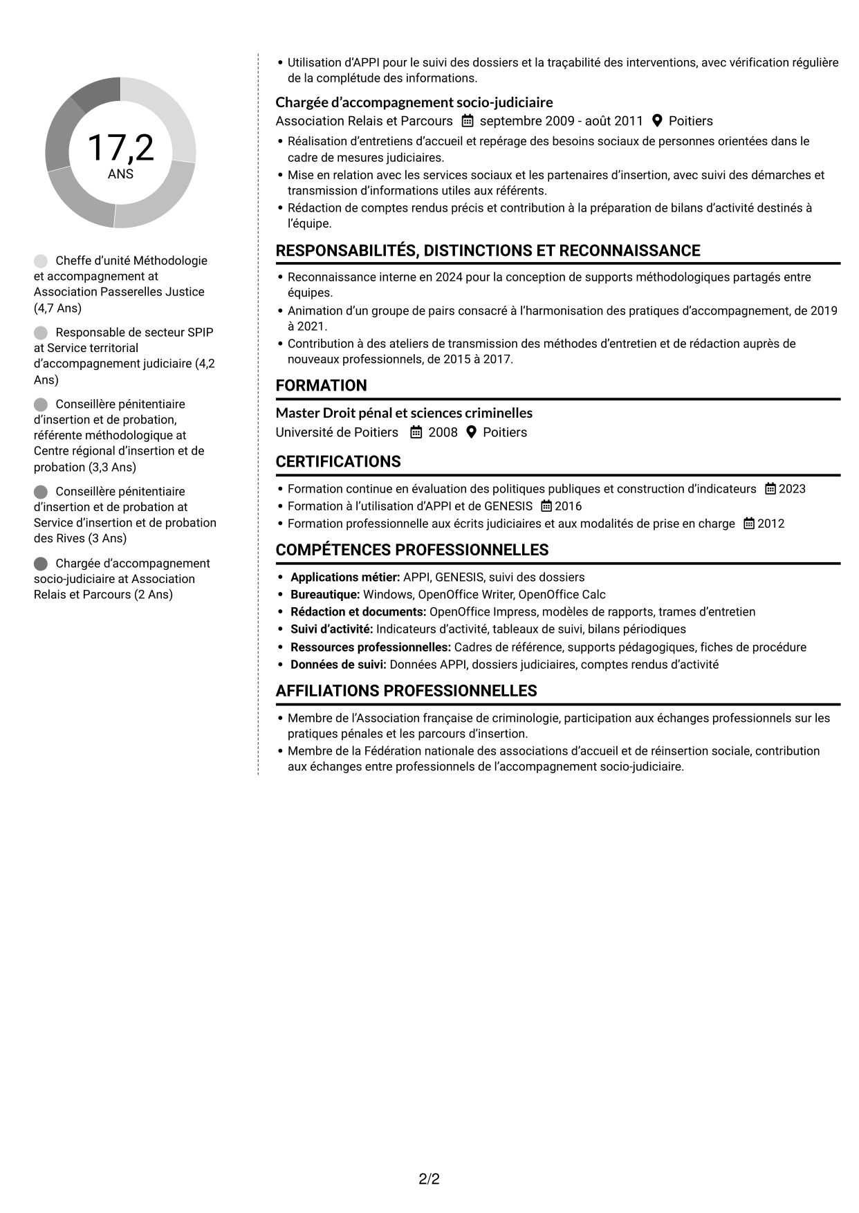 CV Moderne (format à deux colonnes avec photo à gauche et séparateur) : Chef d’unité Méthodologie et accompagnement - SPIP, page 2