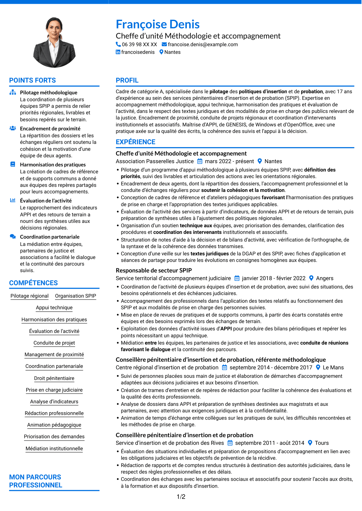CV Audacieux (format à deux colonnes avec accents colorés et photo) : Chef d’unité Méthodologie et accompagnement - SPIP, page 1