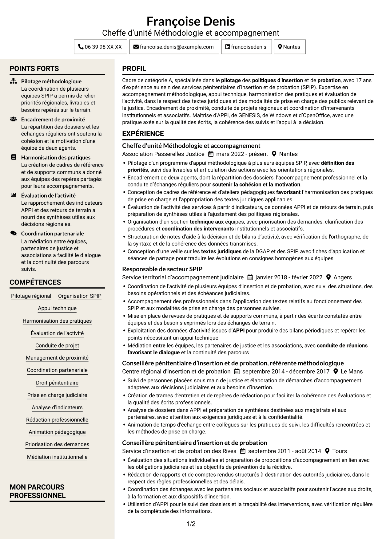 CV Fonceur (format à deux colonnes avec en-tête centré sans photo) : Chef d’unité Méthodologie et accompagnement - SPIP, page 1