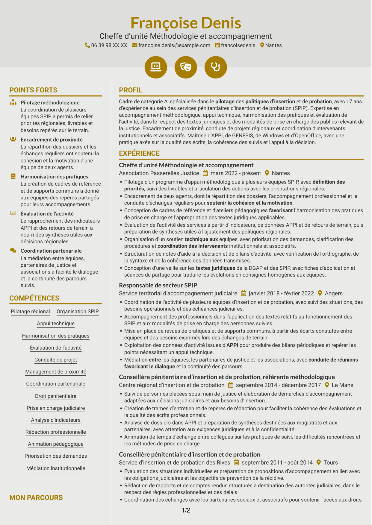 CV Dynamique (format à deux colonnes avec icônes) : Chef d’unité Méthodologie et accompagnement - SPIP, page 1
