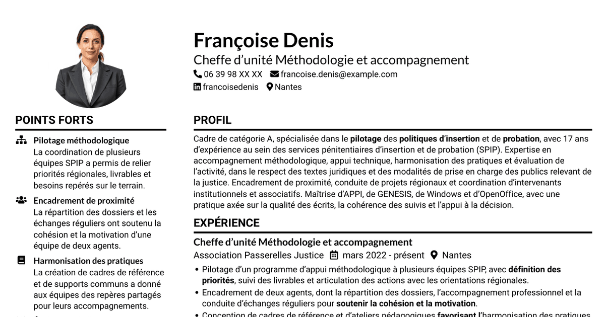 7 modèles de CV pour Chef d’unité Méthodologie et accompagnement - SPIP, avec exemples