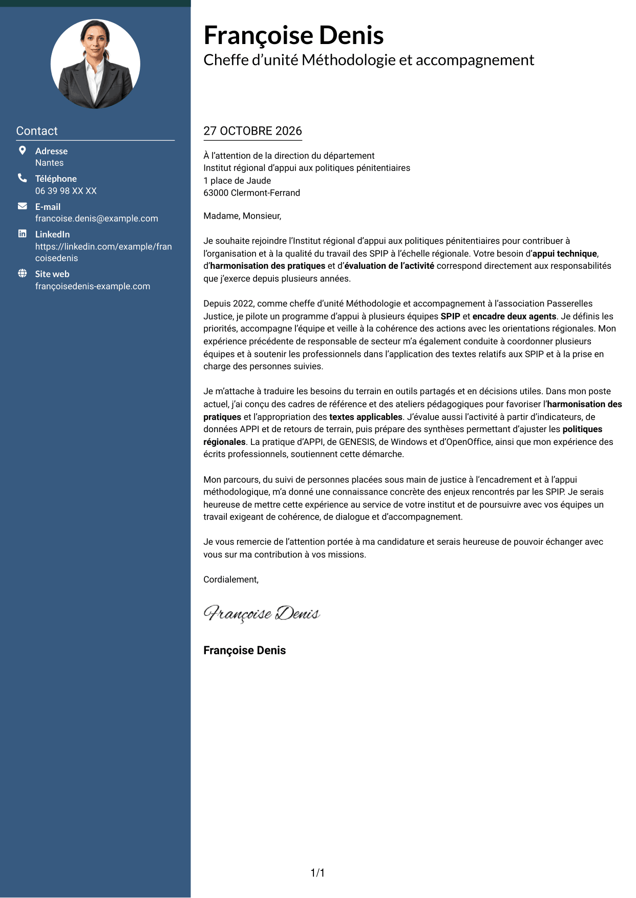 Lettre de motivation Élégant (format à colonne latérale colorée avec photo) : Chef d’unité Méthodologie et accompagnement - SPIP, page 1