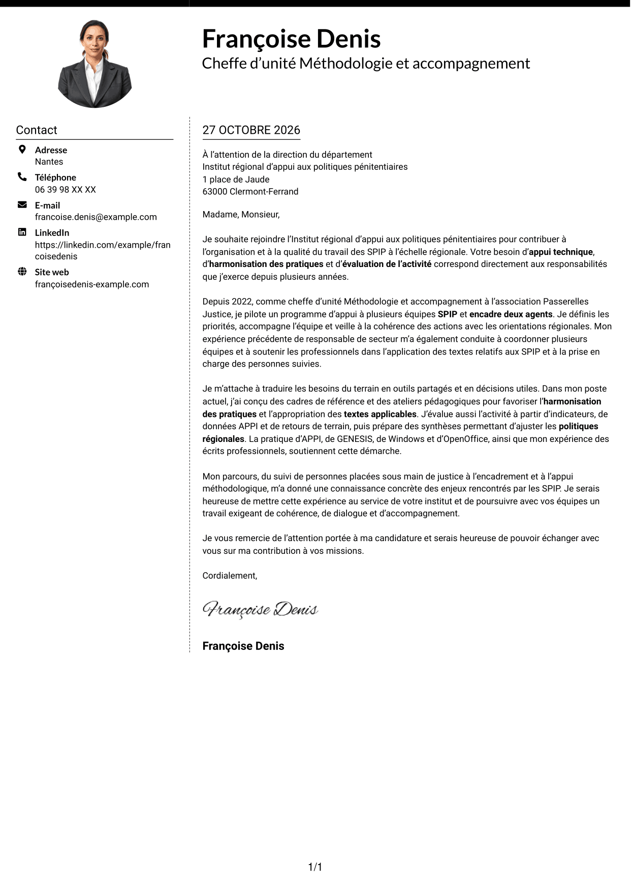 Lettre de motivation Moderne (format à deux colonnes avec photo à gauche et séparateur) : Chef d’unité Méthodologie et accompagnement - SPIP, page 1
