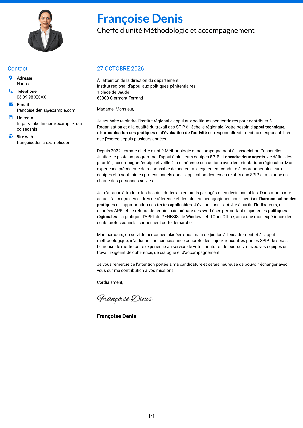 Lettre de motivation Audacieux (format à deux colonnes avec accents colorés et photo) : Chef d’unité Méthodologie et accompagnement - SPIP, page 1