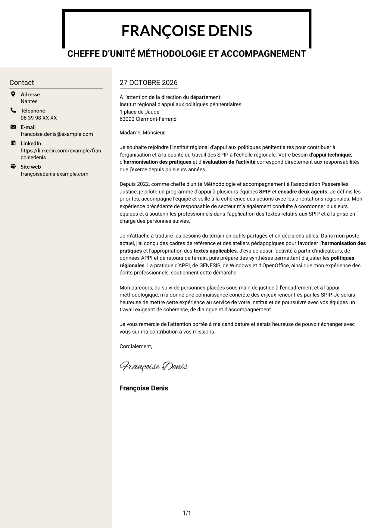 Lettre de motivation Fonceur (format à deux colonnes avec en-tête centré sans photo) : Chef d’unité Méthodologie et accompagnement - SPIP, page 1