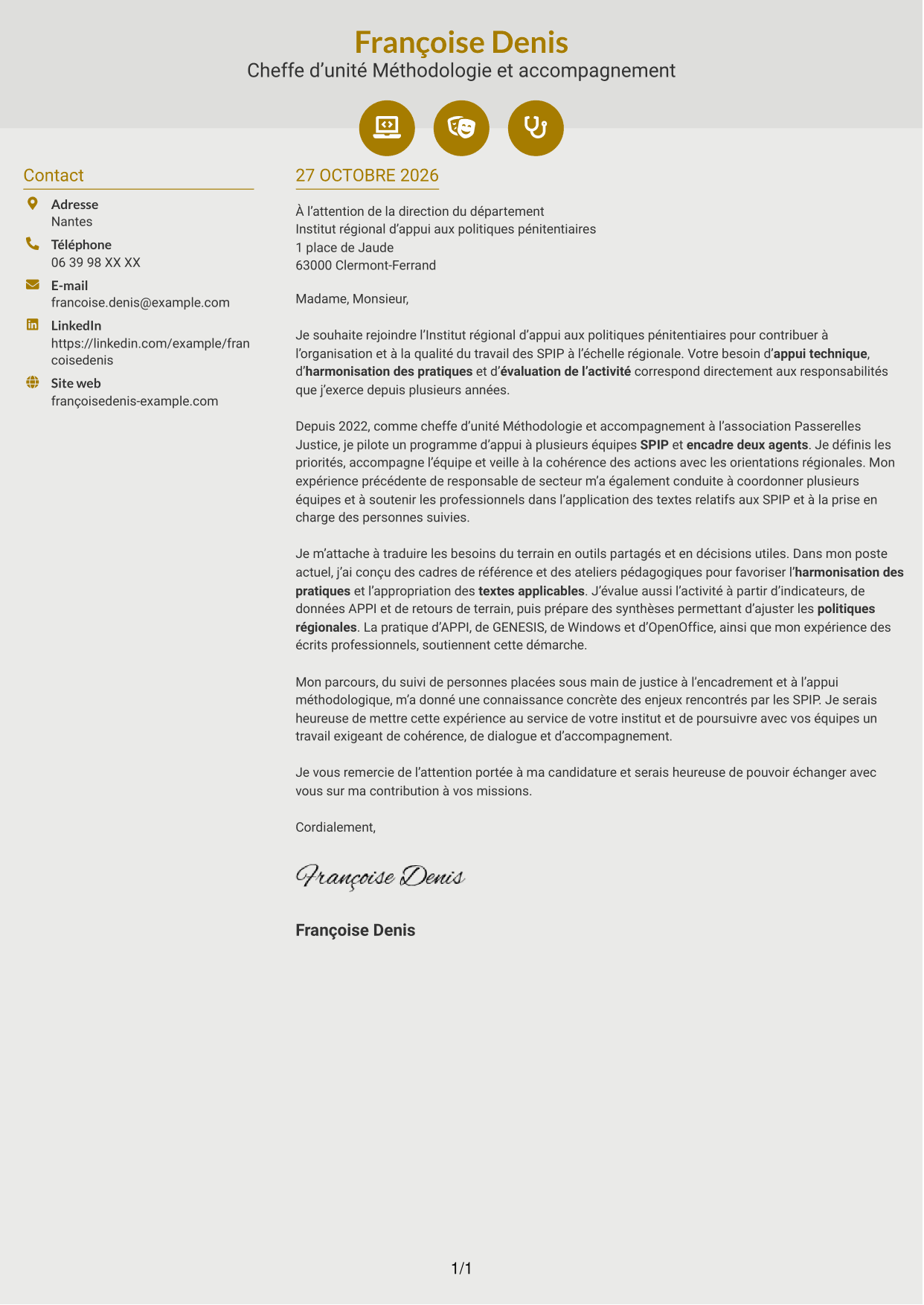 Lettre de motivation Dynamique (format à deux colonnes avec icônes) : Chef d’unité Méthodologie et accompagnement - SPIP, page 1