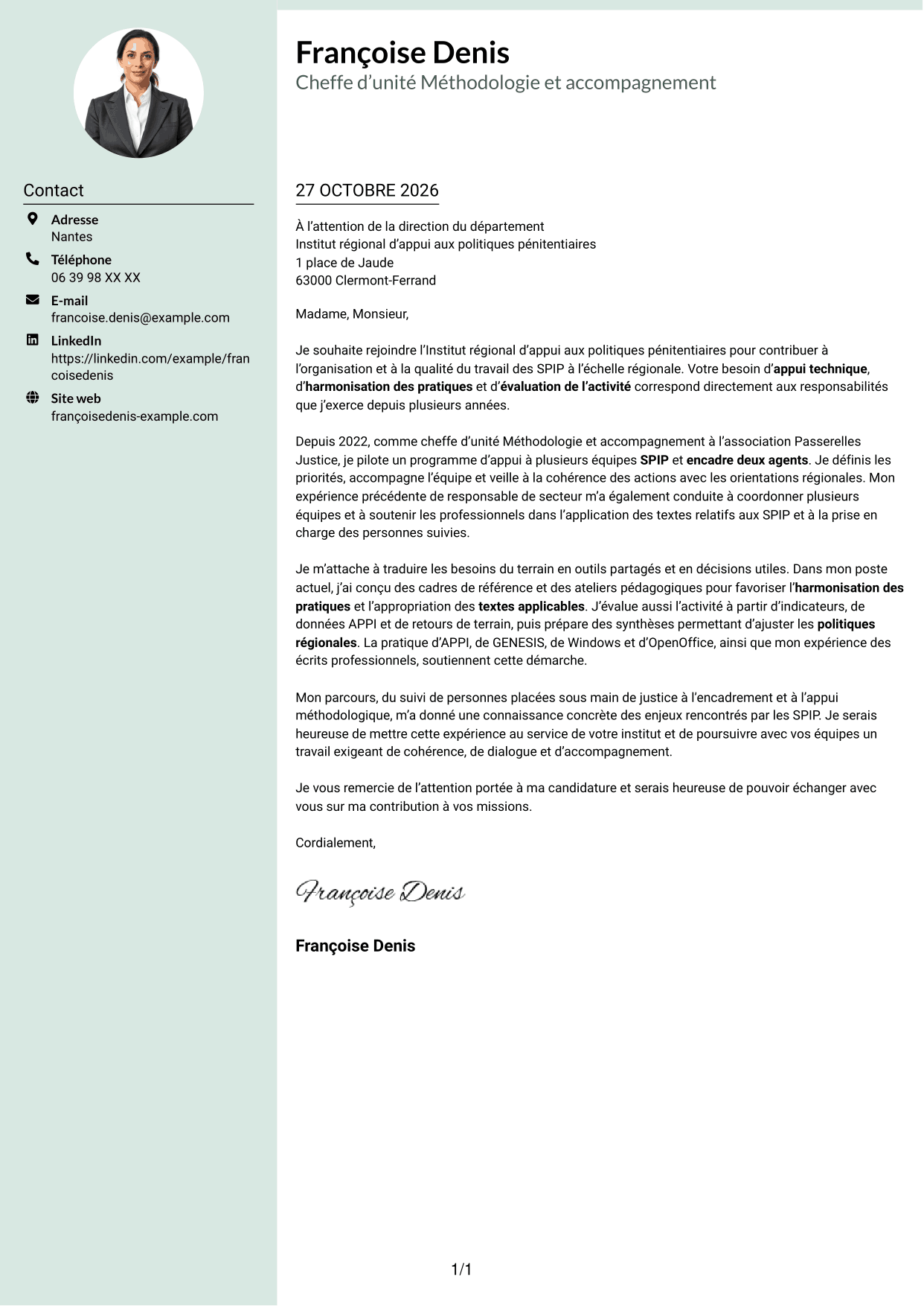 Lettre de motivation Cadre (format à colonne latérale douce avec photo arrondie) : Chef d’unité Méthodologie et accompagnement - SPIP, page 1