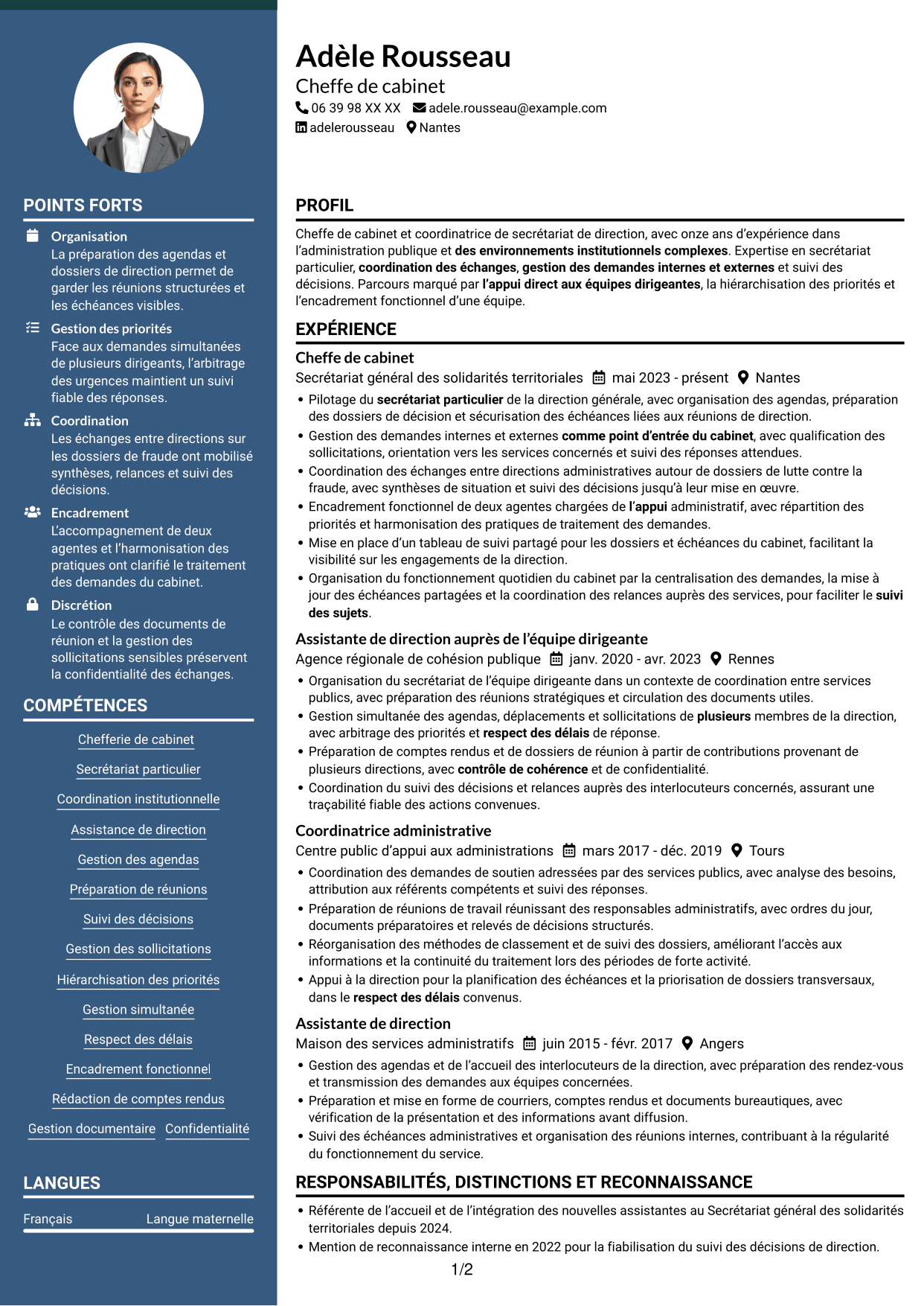 CV Élégant (format à colonne latérale colorée avec photo) : Chef de cabinet - Coordination institutionnelle, page 1