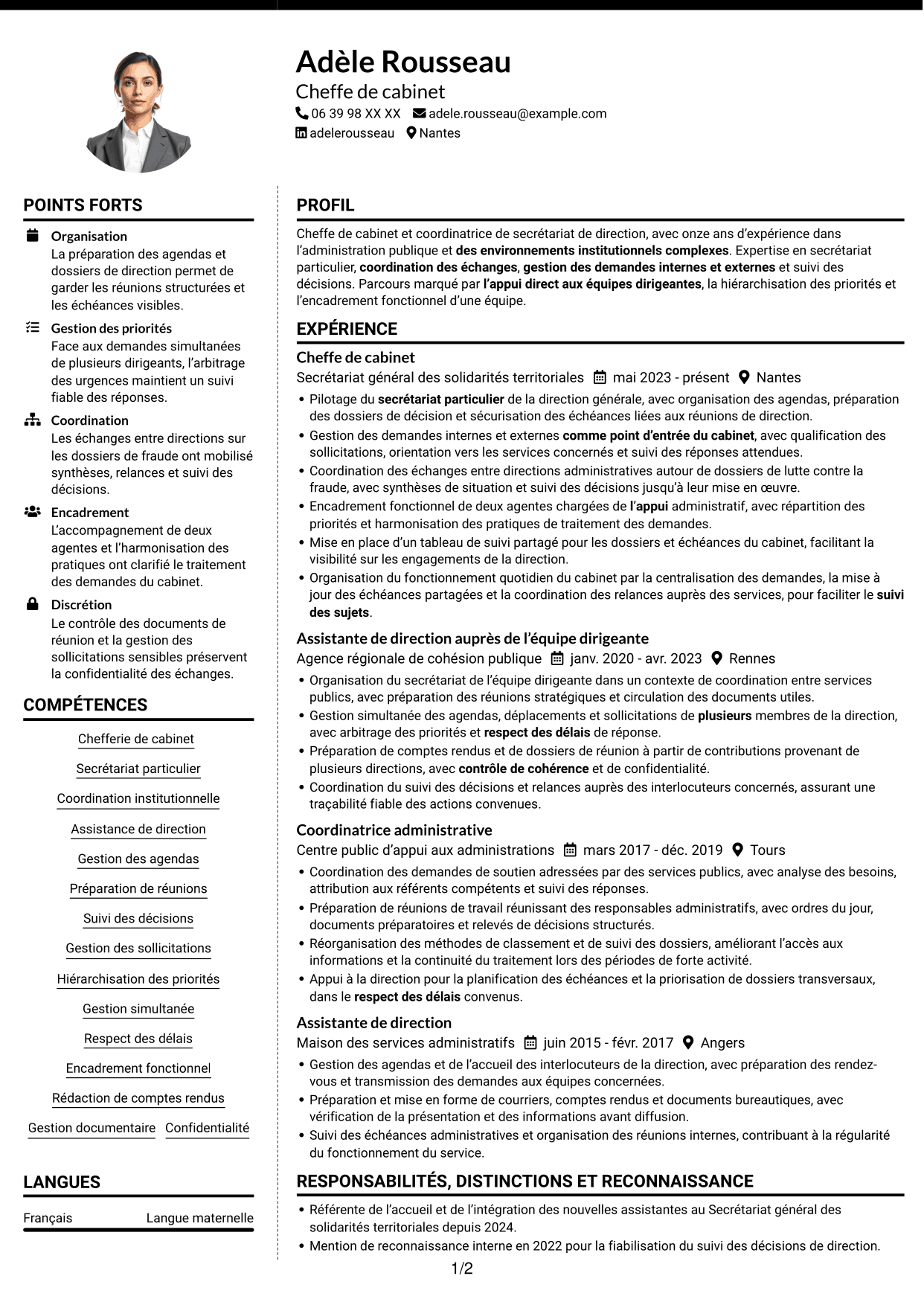 CV Moderne (format à deux colonnes avec photo à gauche et séparateur) : Chef de cabinet - Coordination institutionnelle, page 1