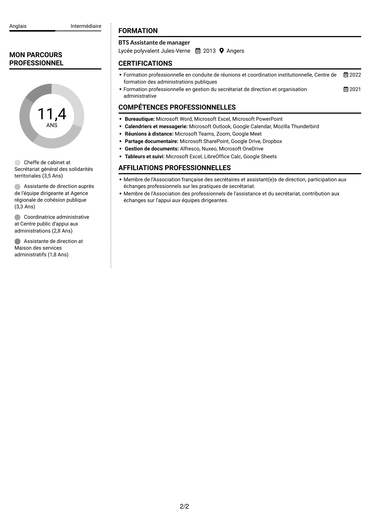CV Moderne (format à deux colonnes avec photo à gauche et séparateur) : Chef de cabinet - Coordination institutionnelle, page 2