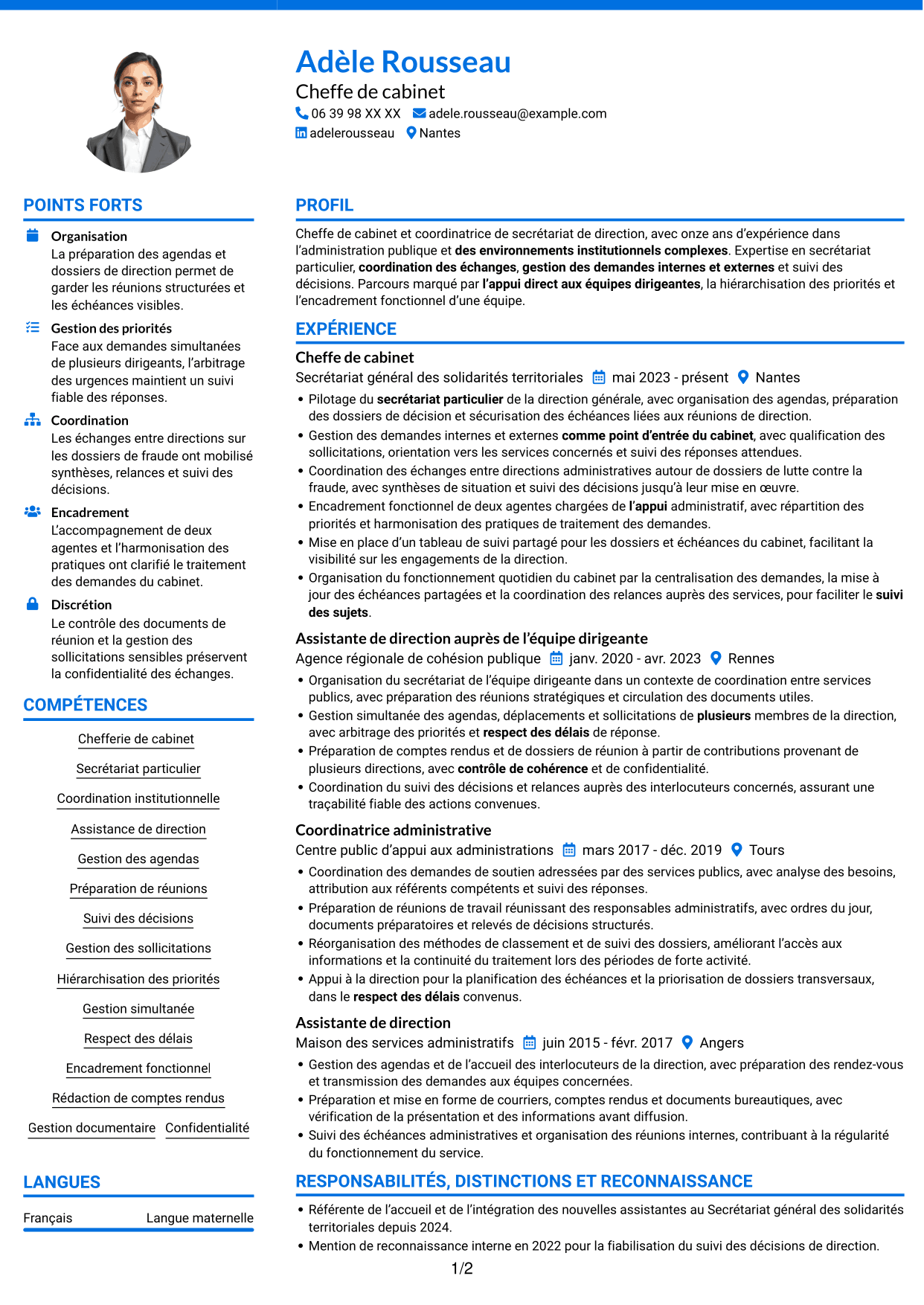 CV Audacieux (format à deux colonnes avec accents colorés et photo) : Chef de cabinet - Coordination institutionnelle, page 1