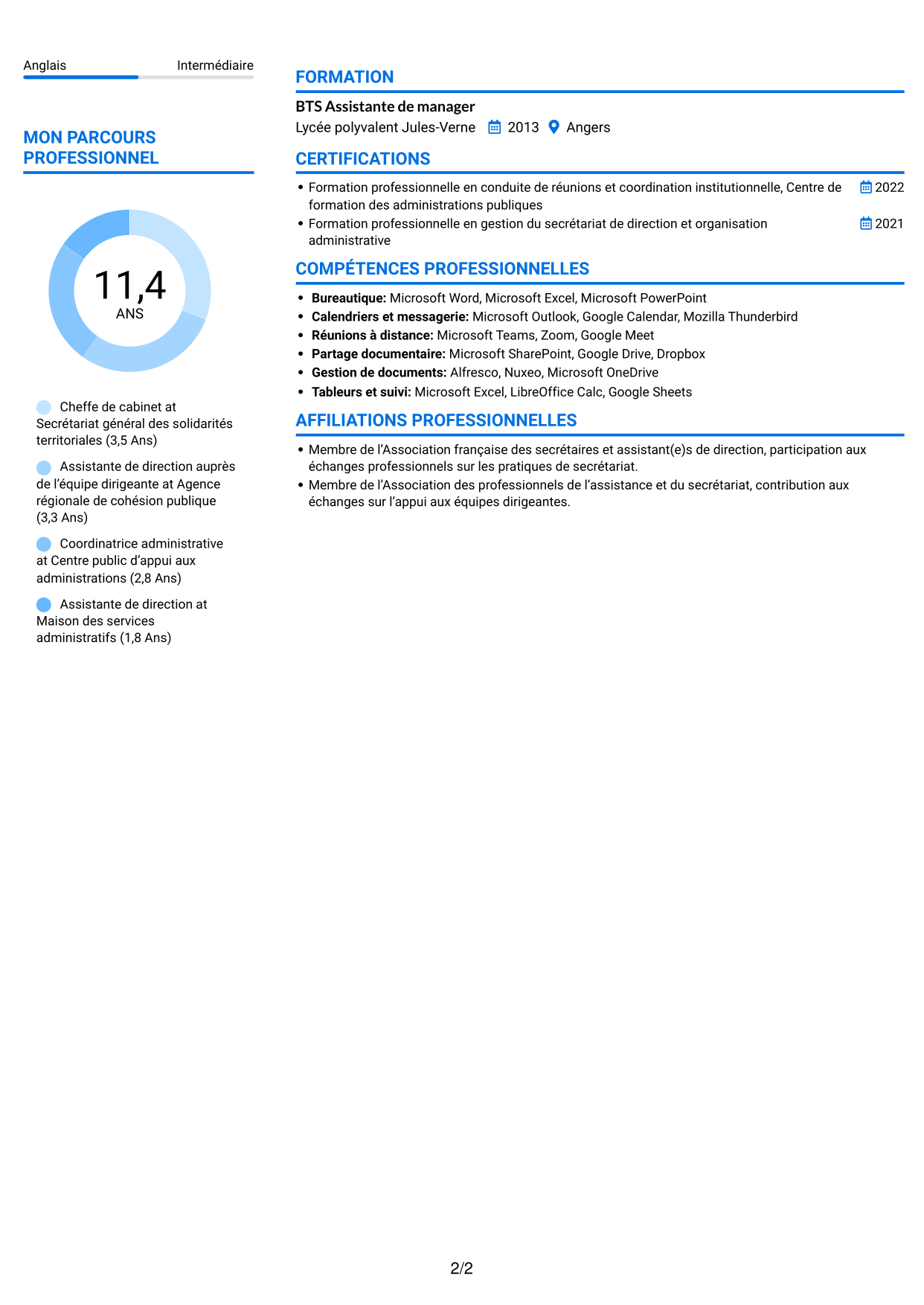 CV Audacieux (format à deux colonnes avec accents colorés et photo) : Chef de cabinet - Coordination institutionnelle, page 2