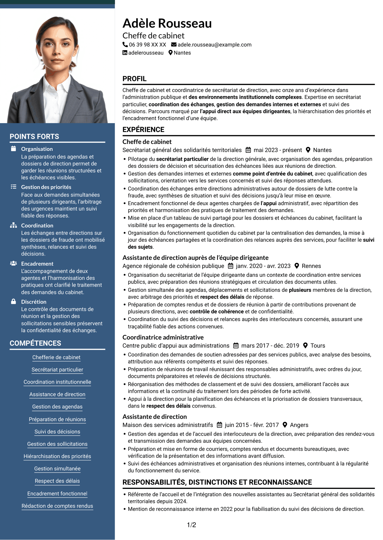 CV Signature (format à colonne latérale colorée avec grande photo) : Chef de cabinet - Coordination institutionnelle, page 1